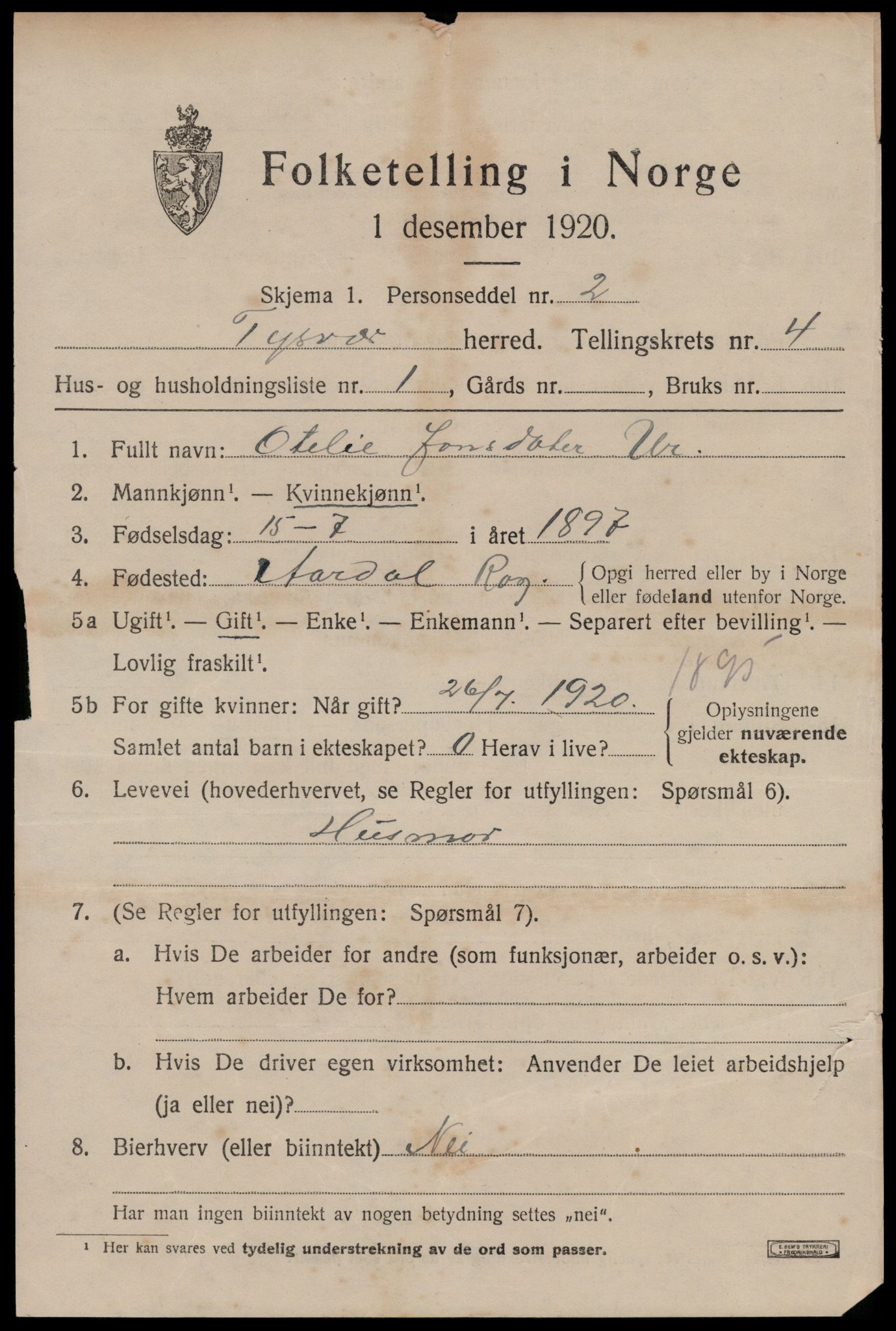 SAST, 1920 census for Tysvær, 1920, p. 1688