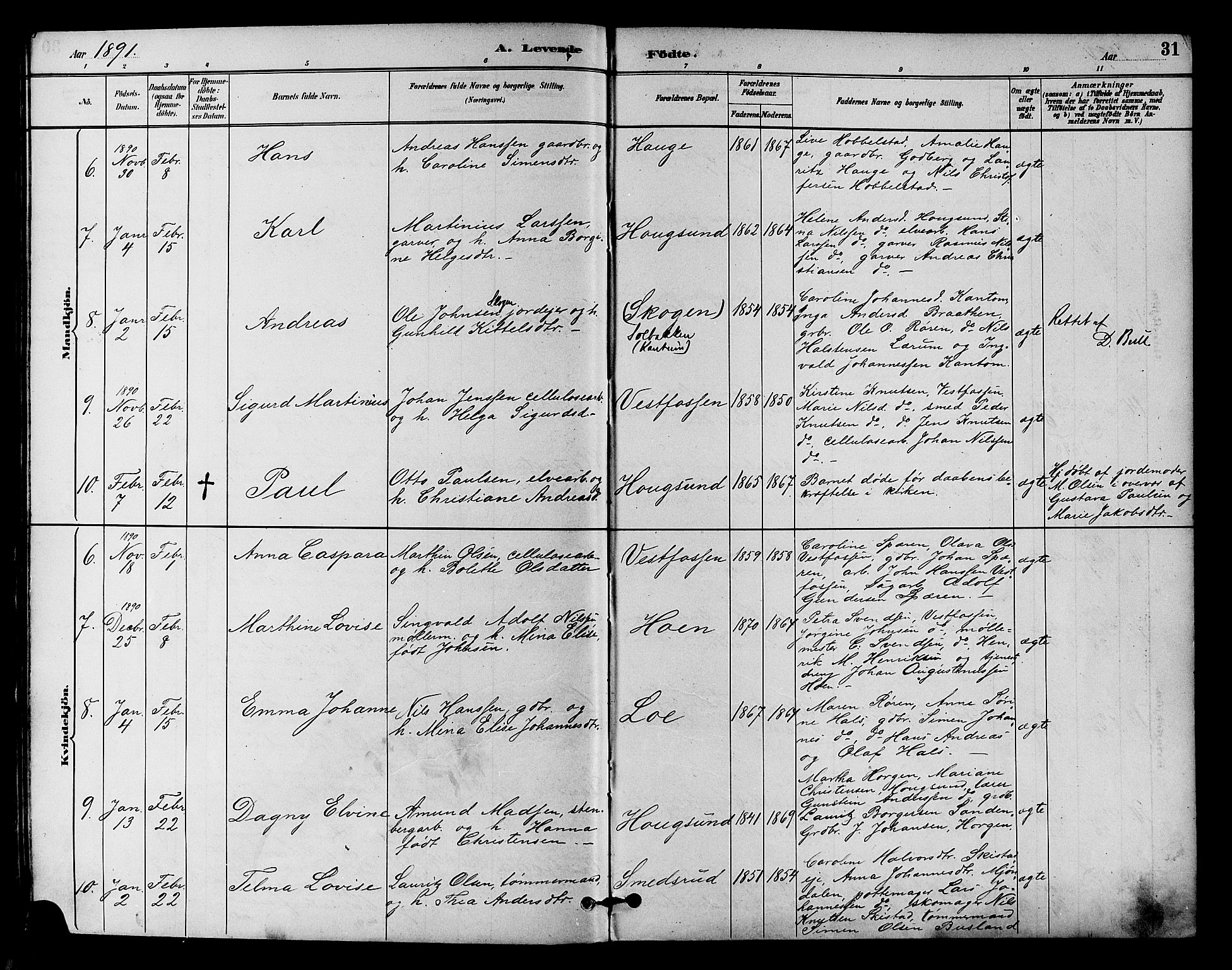 Eiker kirkebøker, SAKO/A-4/F/Fb/L0002: Parish register (official) no. II 2, 1889-1896, p. 31