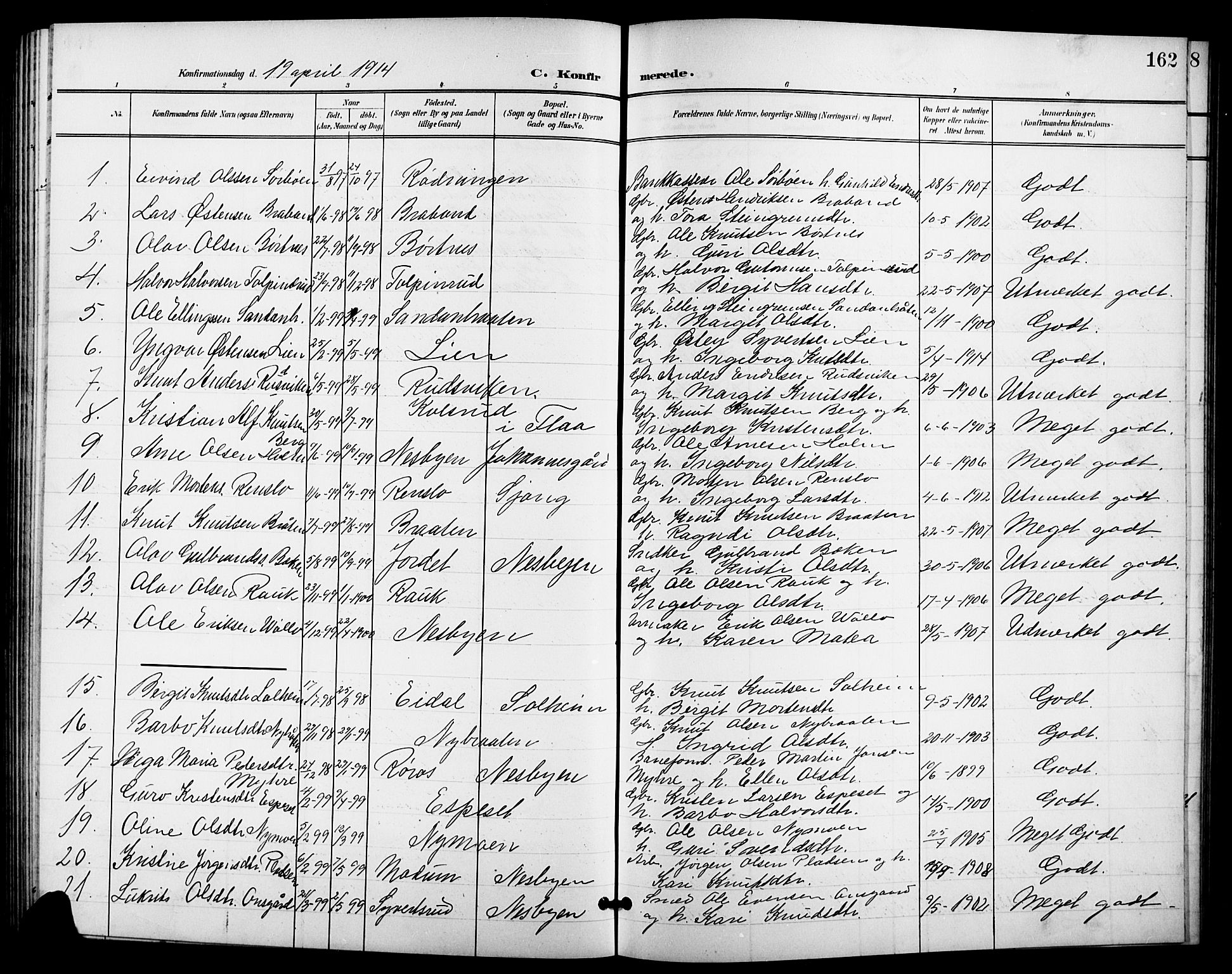Nes kirkebøker, SAKO/A-236/G/Ga/L0004: Parish register (copy) no. I 4, 1900-1925, p. 162