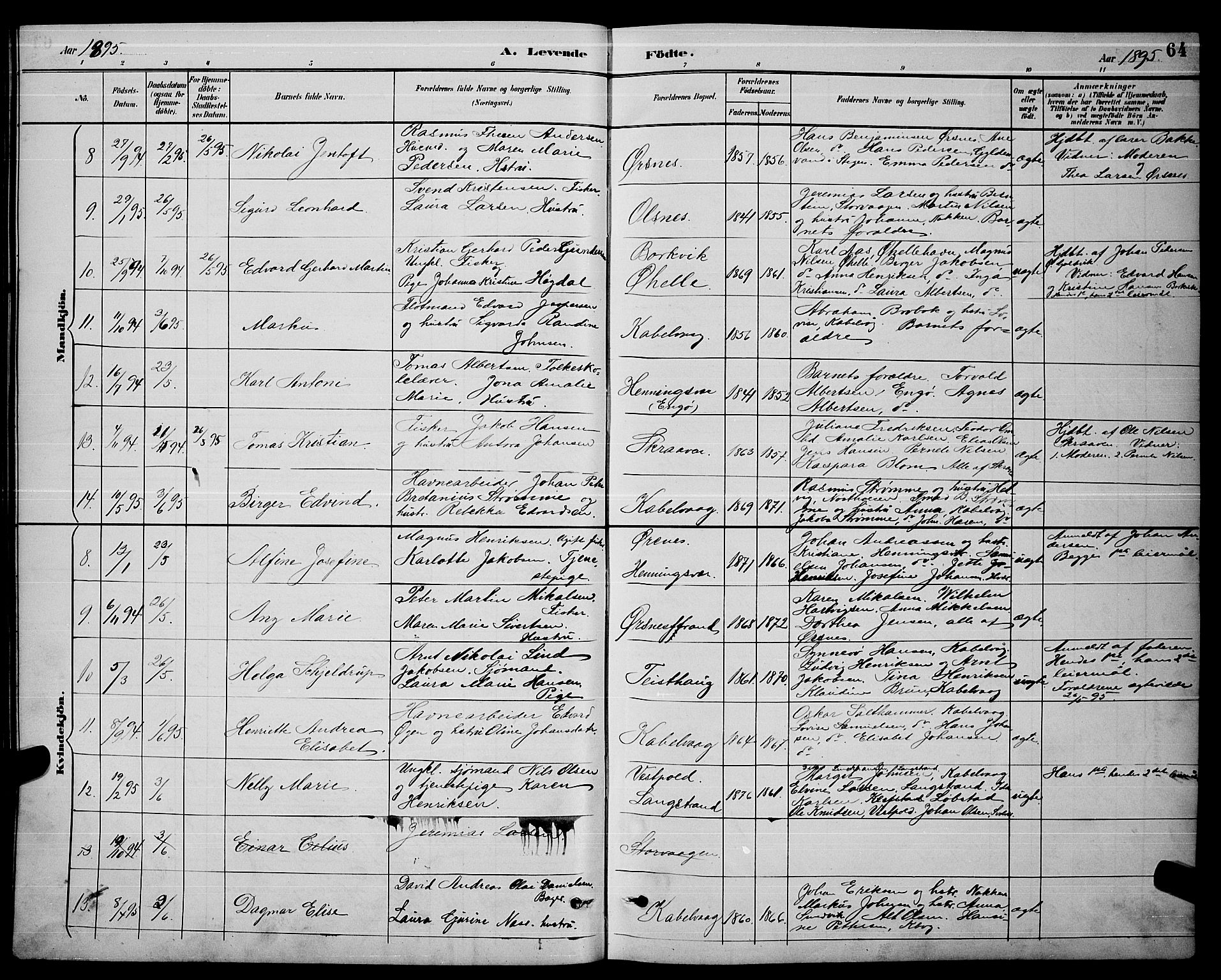 Ministerialprotokoller, klokkerbøker og fødselsregistre - Nordland, AV/SAT-A-1459/874/L1077: Parish register (copy) no. 874C06, 1891-1900, p. 64