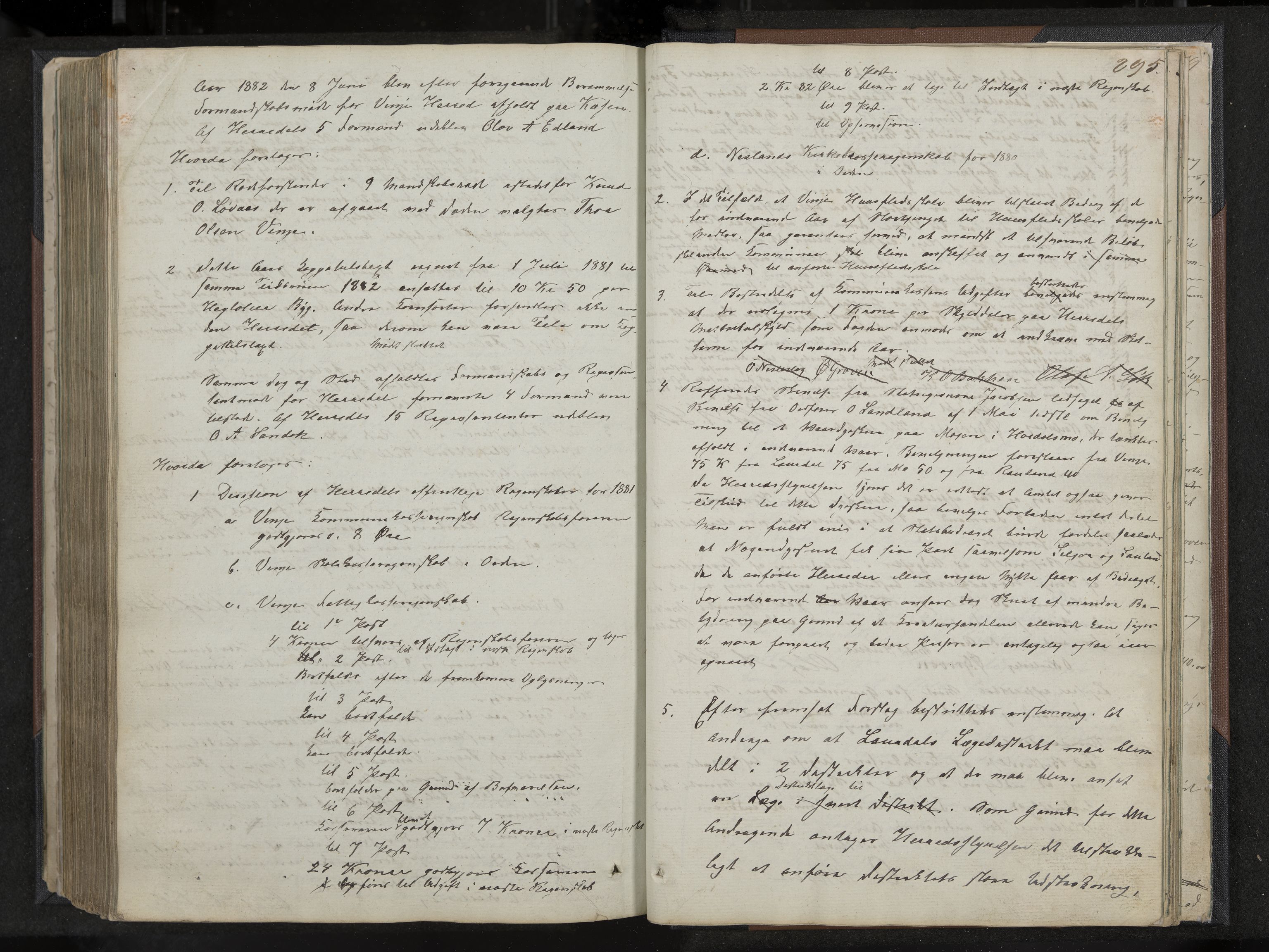 Vinje formannskap og sentraladministrasjon, IKAK/0834021-1/A/L0001: Møtebok, 1838-1889, p. 295