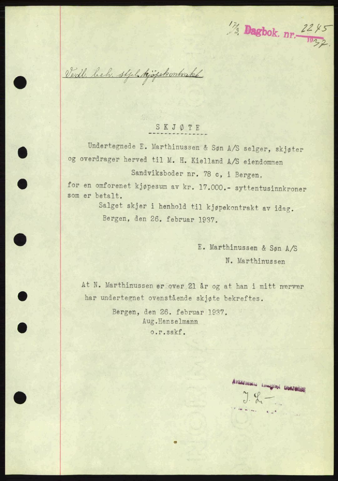 Byfogd og Byskriver i Bergen, SAB/A-3401/03/03Bc/L0004: Mortgage book no. A3-4, 1936-1937, Diary no: : 2245/1937