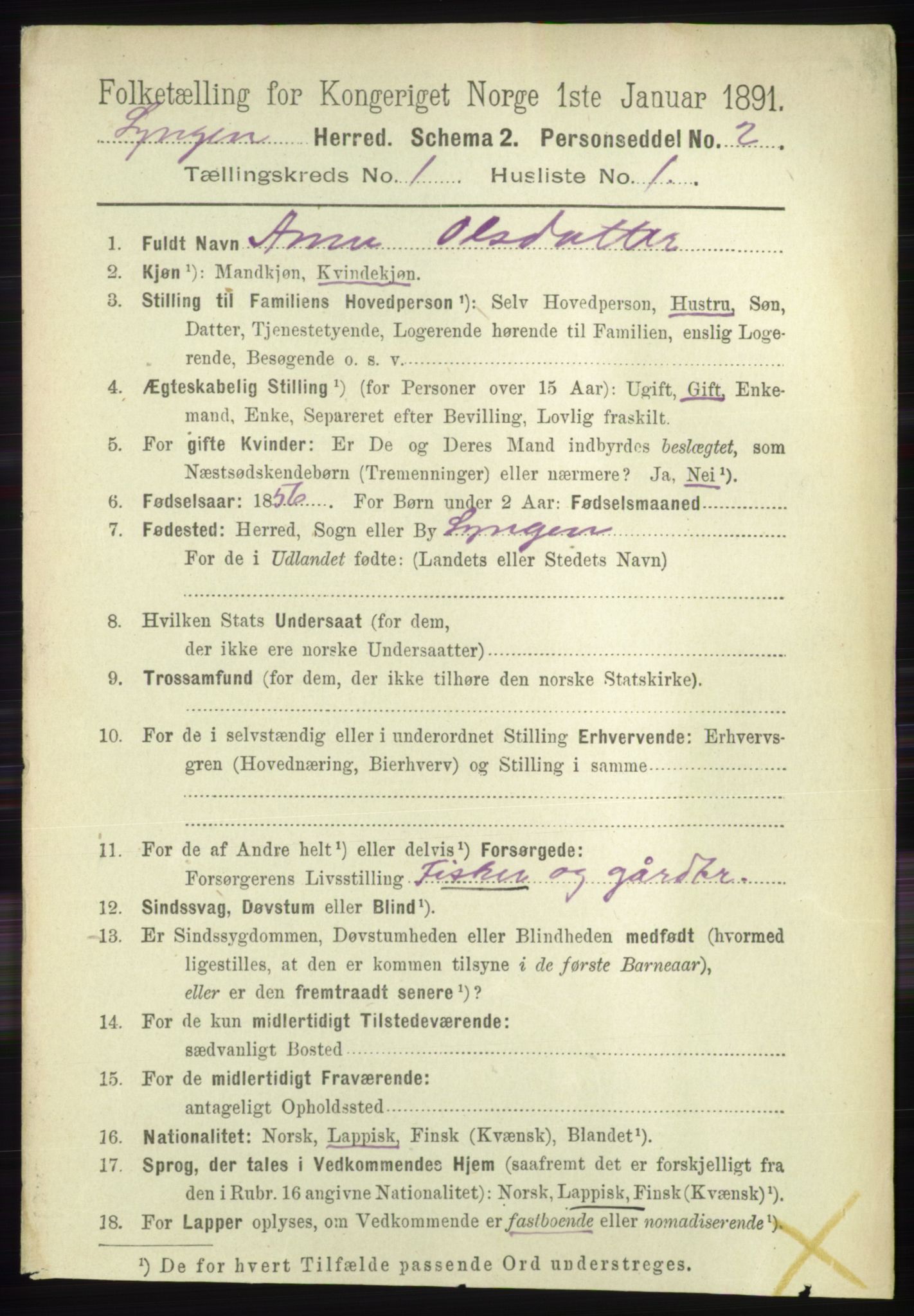 RA, 1891 census for 1938 Lyngen, 1891, p. 275