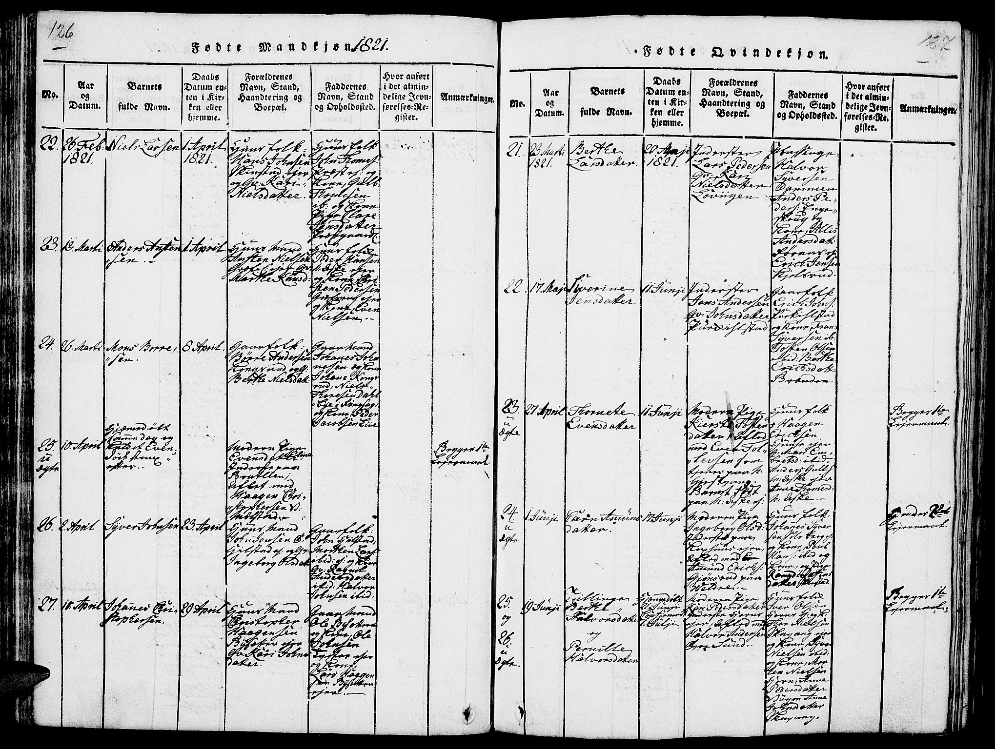 Nes prestekontor, Hedmark, SAH/PREST-020/L/La/L0003: Parish register (copy) no. 3, 1814-1831, p. 126-127