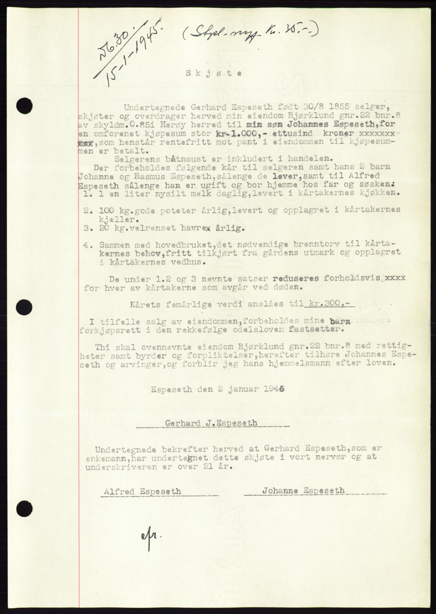 Søre Sunnmøre sorenskriveri, AV/SAT-A-4122/1/2/2C/L0077: Mortgage book no. 3A, 1945-1946, Diary no: : 30/1945