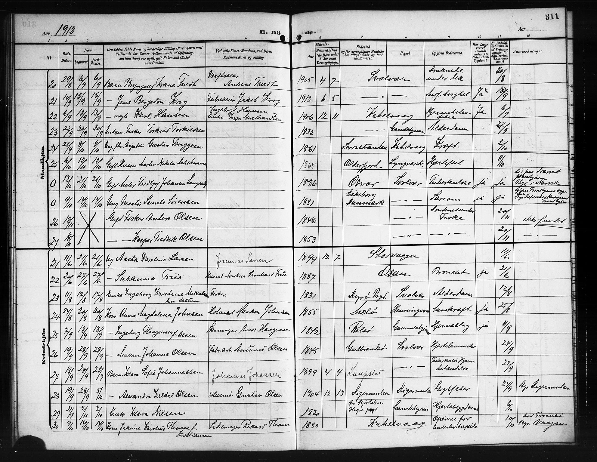 Ministerialprotokoller, klokkerbøker og fødselsregistre - Nordland, SAT/A-1459/874/L1079: Parish register (copy) no. 874C08, 1907-1915, p. 311