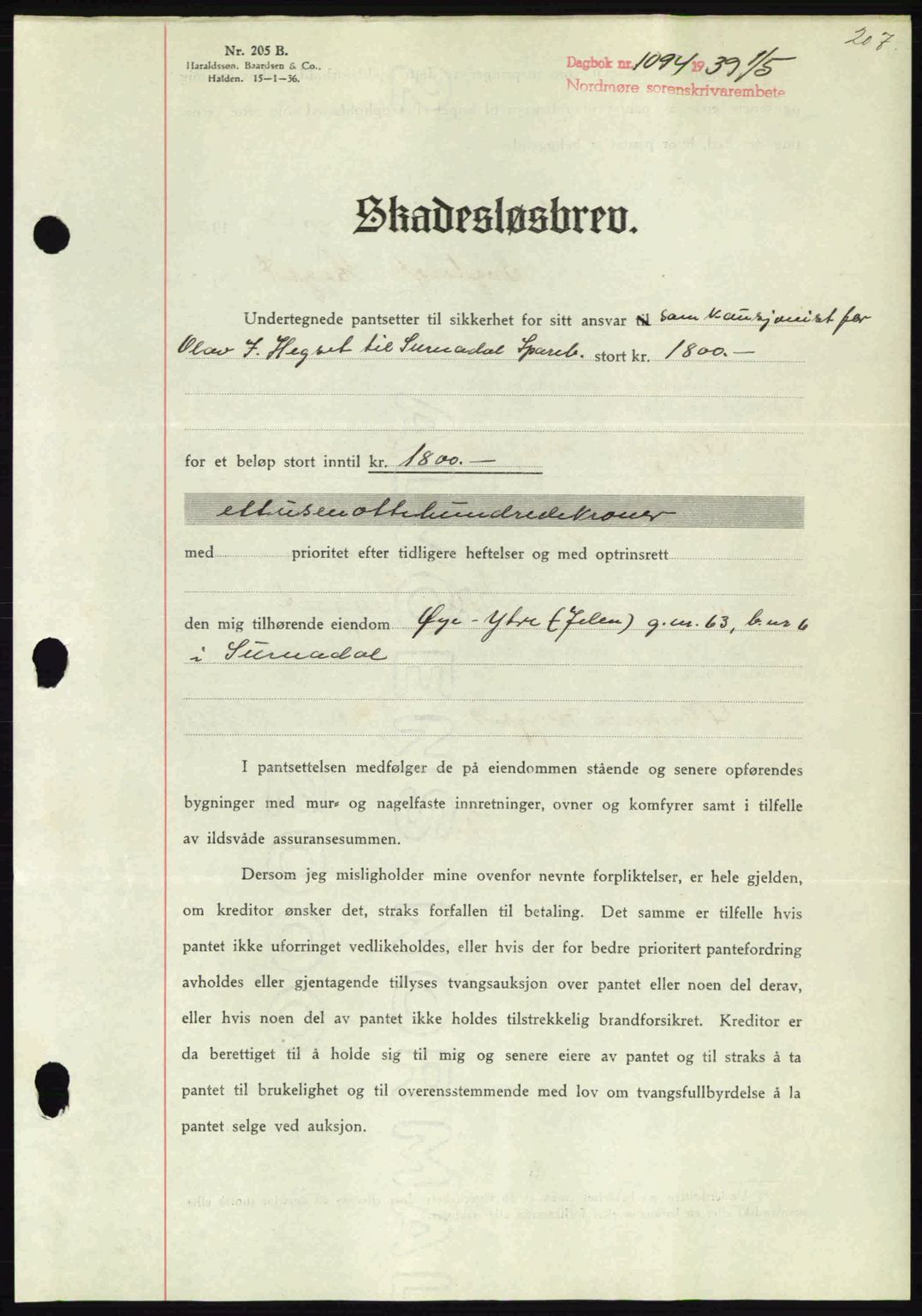 Nordmøre sorenskriveri, AV/SAT-A-4132/1/2/2Ca: Mortgage book no. B85, 1939-1939, Diary no: : 1094/1939