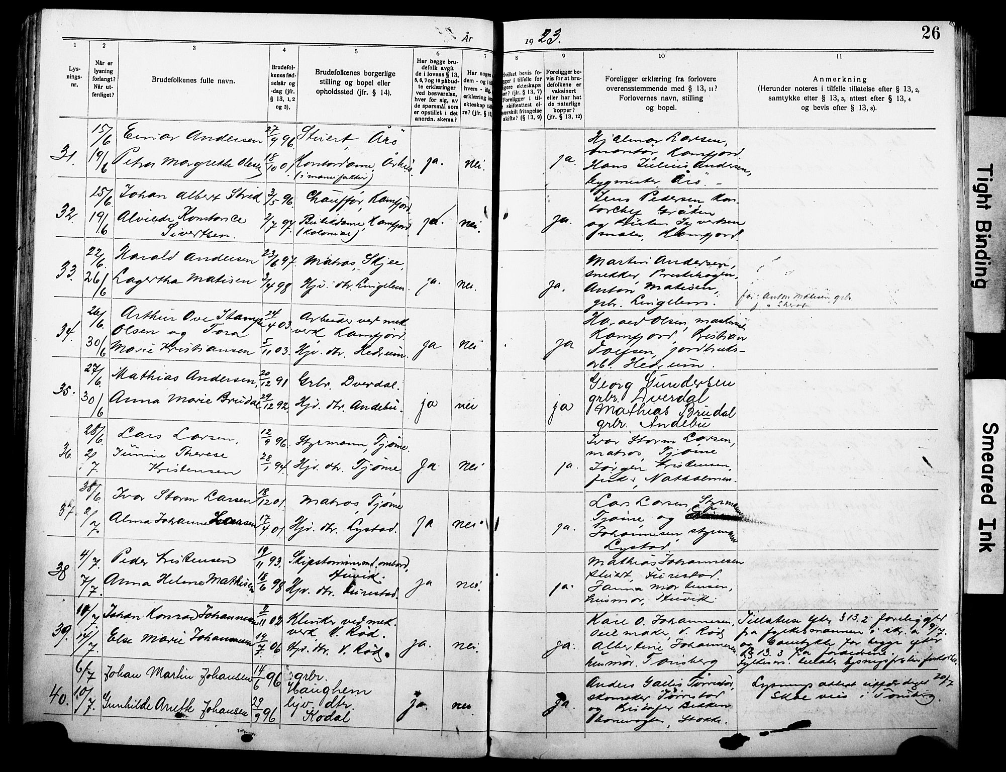 Sandar kirkebøker, AV/SAKO-A-243/H/Ha/L0005: Banns register no. 5, 1919-1931, p. 26