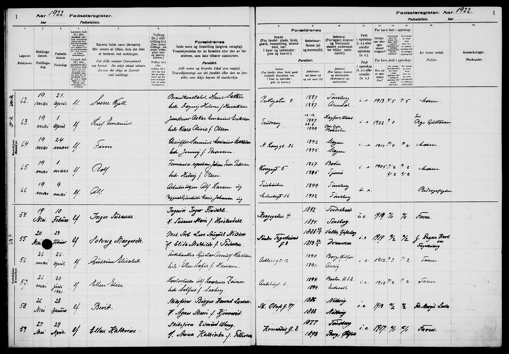 Tønsberg kirkebøker, AV/SAKO-A-330/J/Ja/L0002: Birth register no. 2, 1922-1928, p. 1