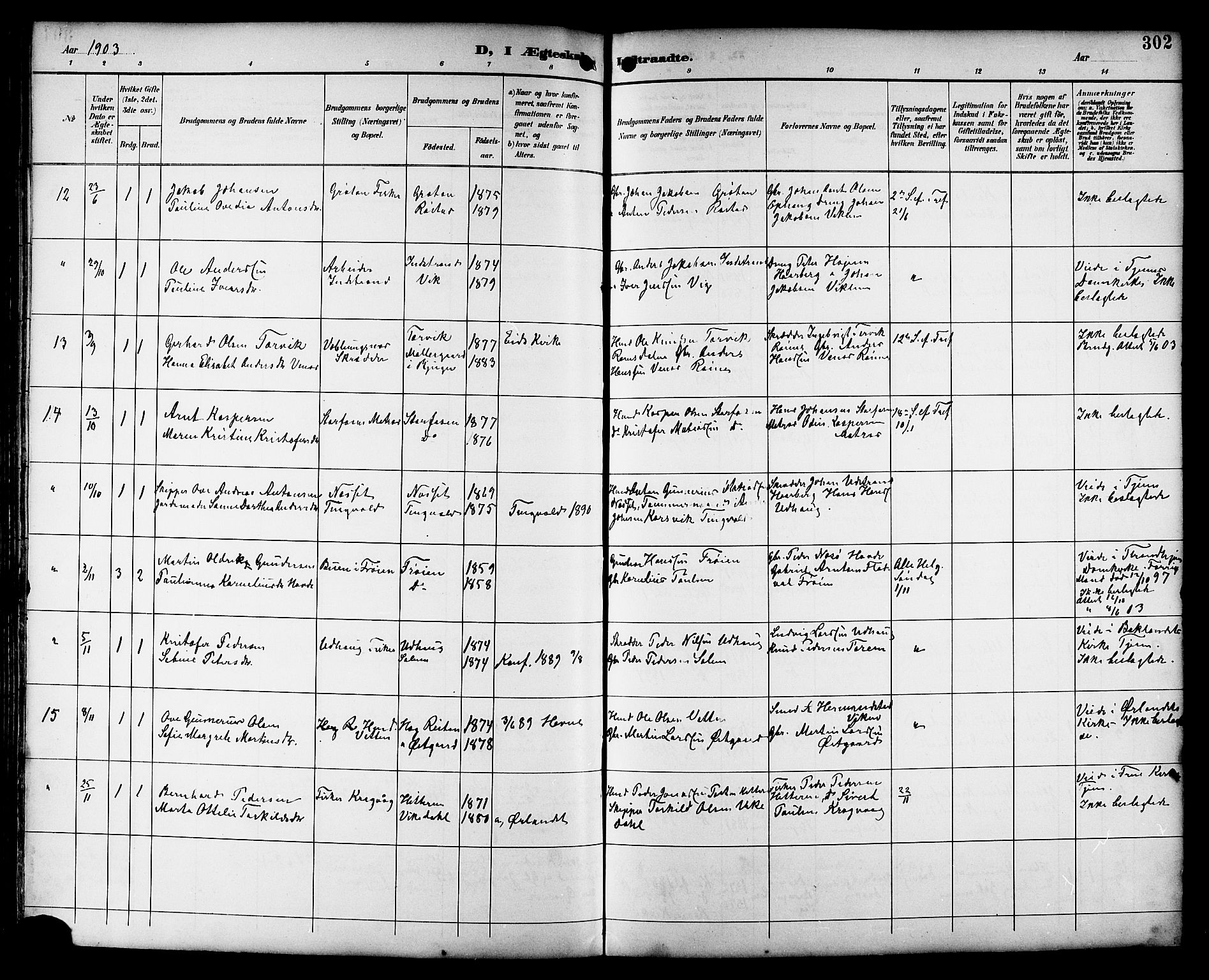 Ministerialprotokoller, klokkerbøker og fødselsregistre - Sør-Trøndelag, AV/SAT-A-1456/659/L0746: Parish register (copy) no. 659C03, 1893-1912, p. 302