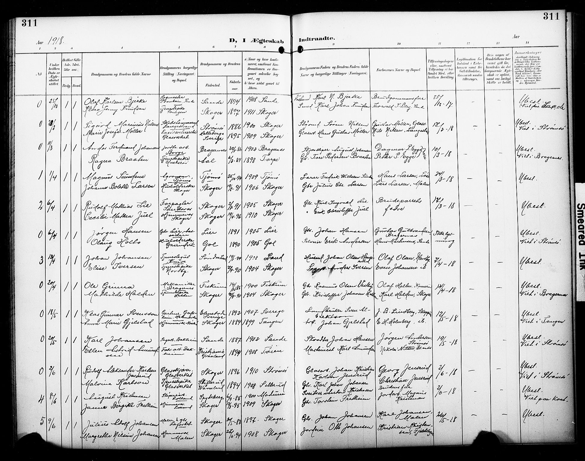 Skoger kirkebøker, AV/SAKO-A-59/G/Ga/L0003: Parish register (copy) no. I 3, 1900-1927, p. 311
