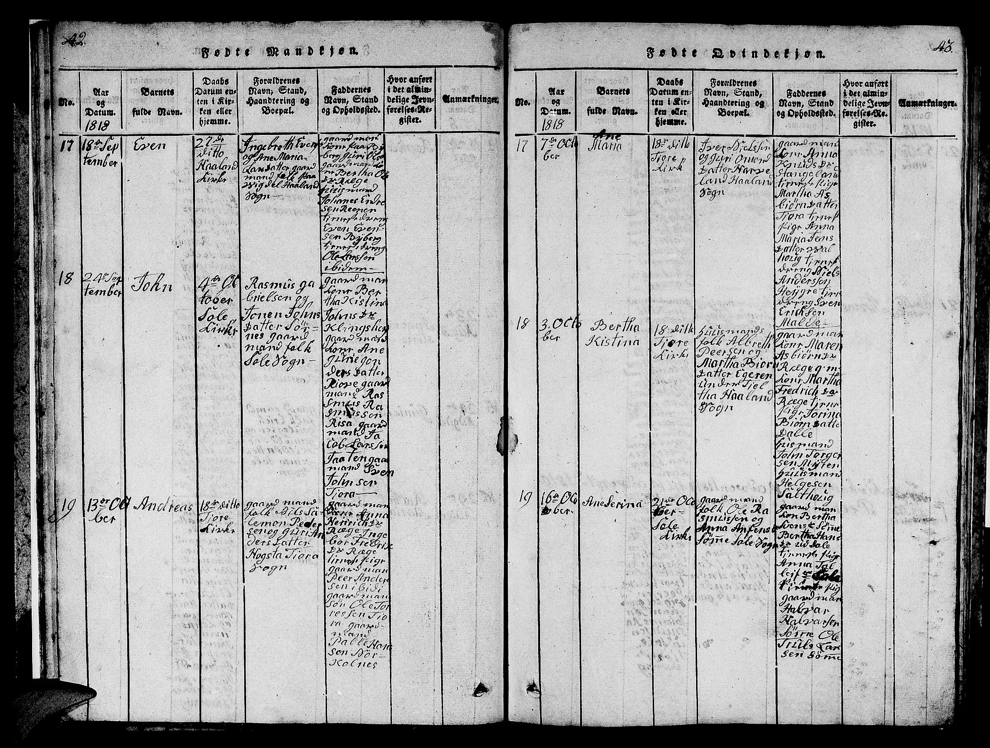 Håland sokneprestkontor, AV/SAST-A-101802/001/30BB/L0001: Parish register (copy) no. B 1, 1815-1845, p. 42-43