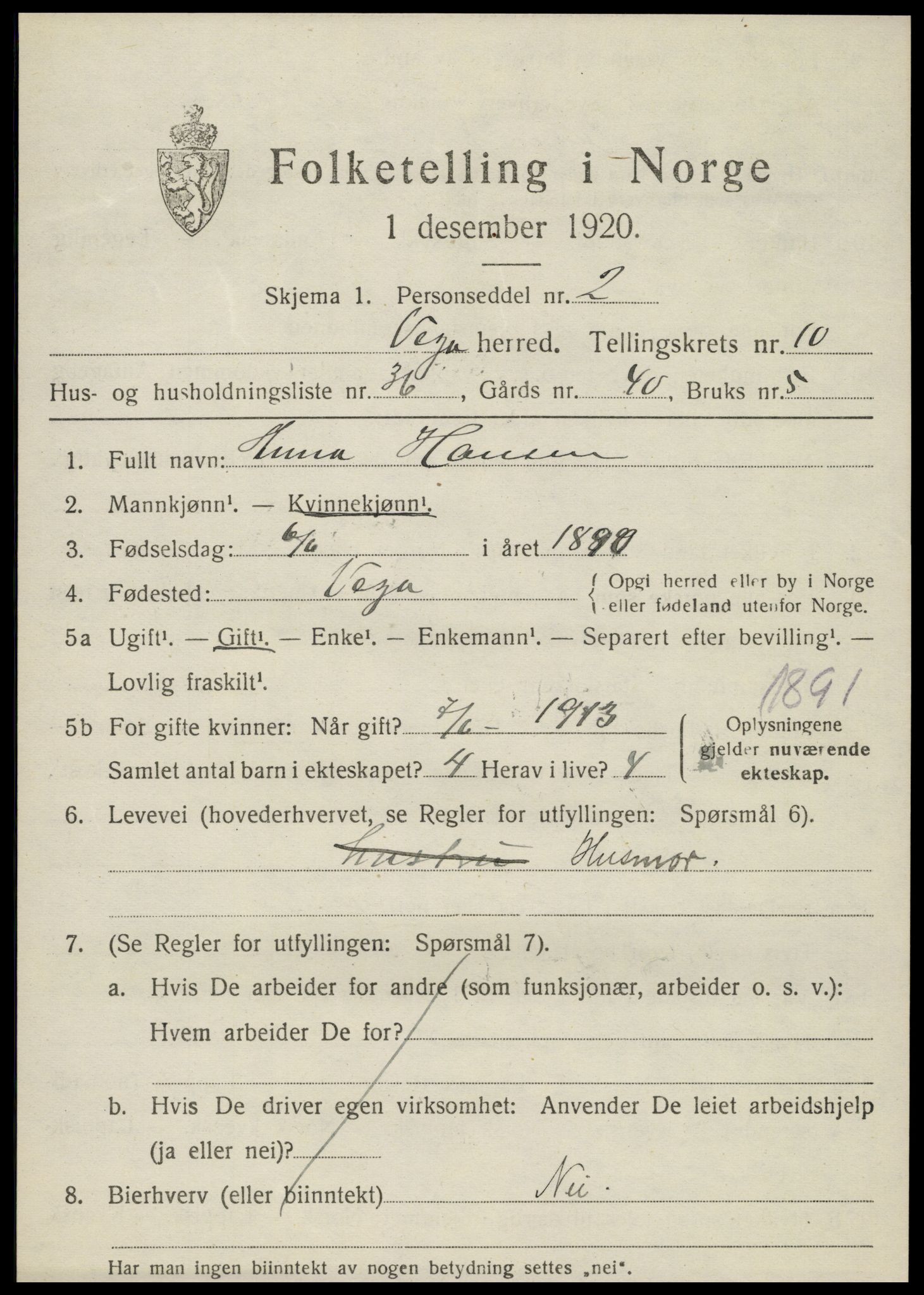 SAT, 1920 census for Vega, 1920, p. 5489