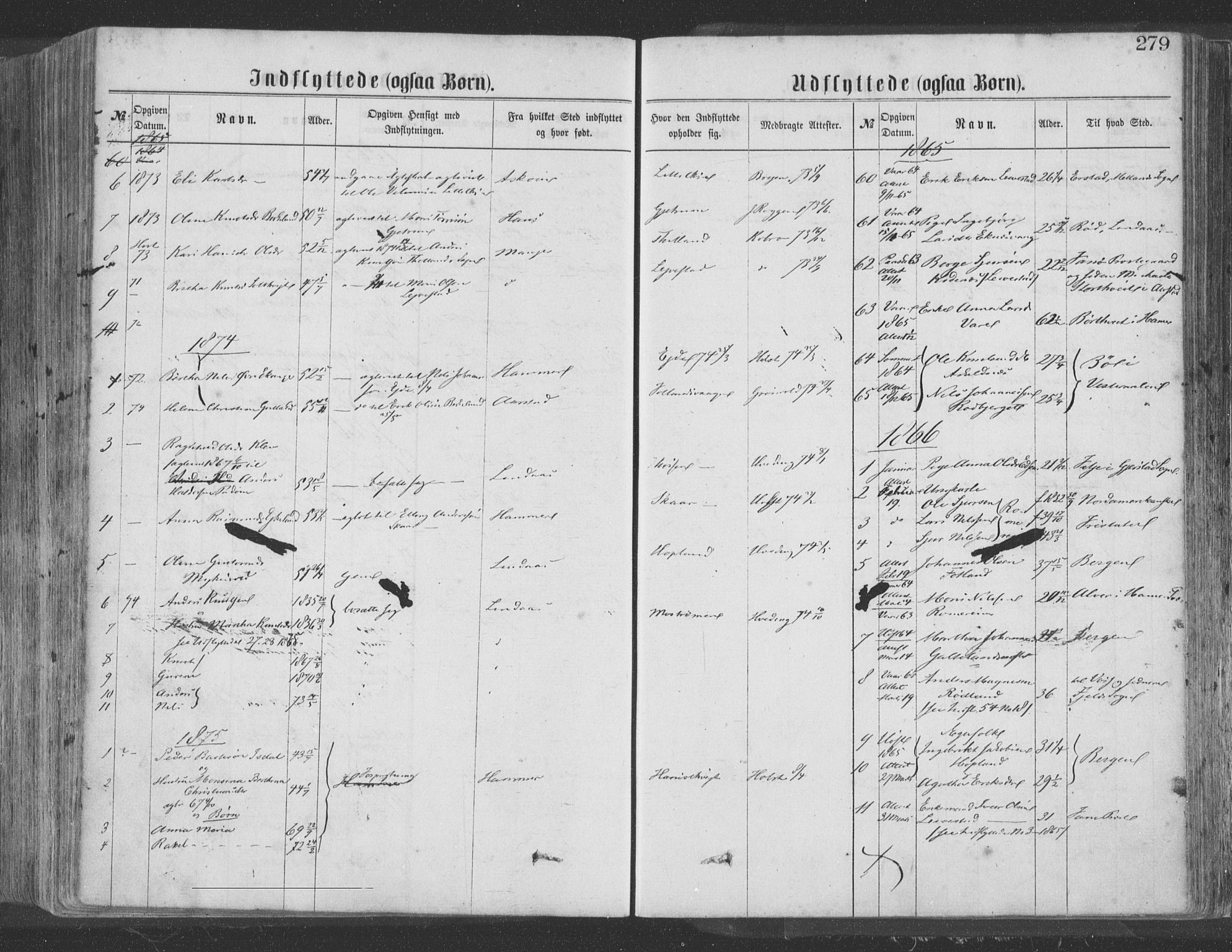 Hosanger sokneprestembete, SAB/A-75801/H/Haa: Parish register (official) no. A 9, 1864-1876, p. 279