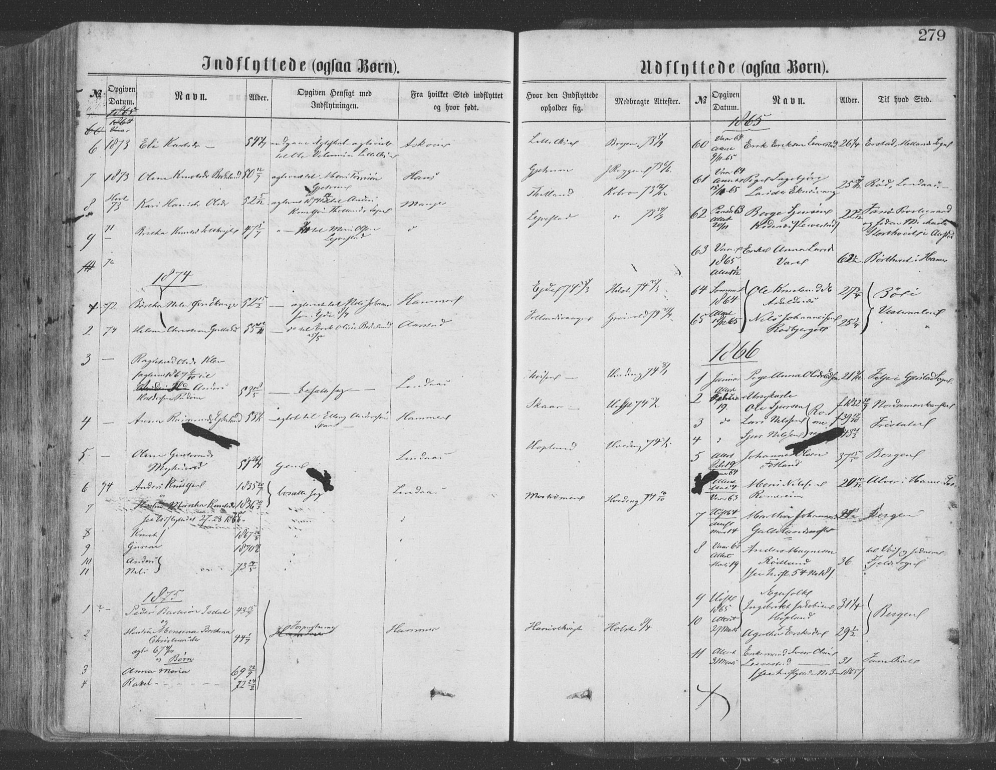 Hosanger sokneprestembete, AV/SAB-A-75801/H/Haa: Parish register (official) no. A 9, 1864-1876, p. 279