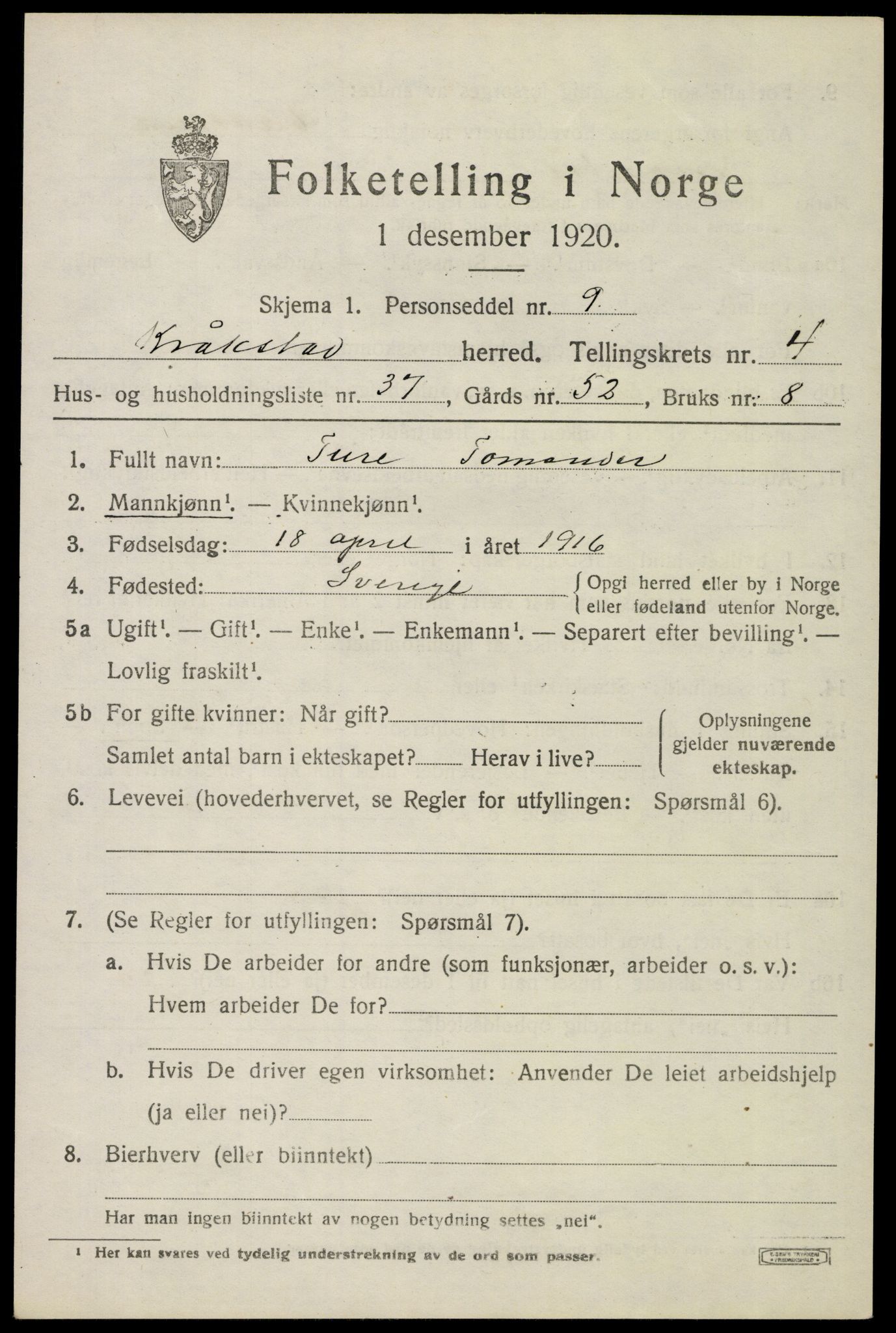 SAO, 1920 census for Kråkstad, 1920, p. 4595