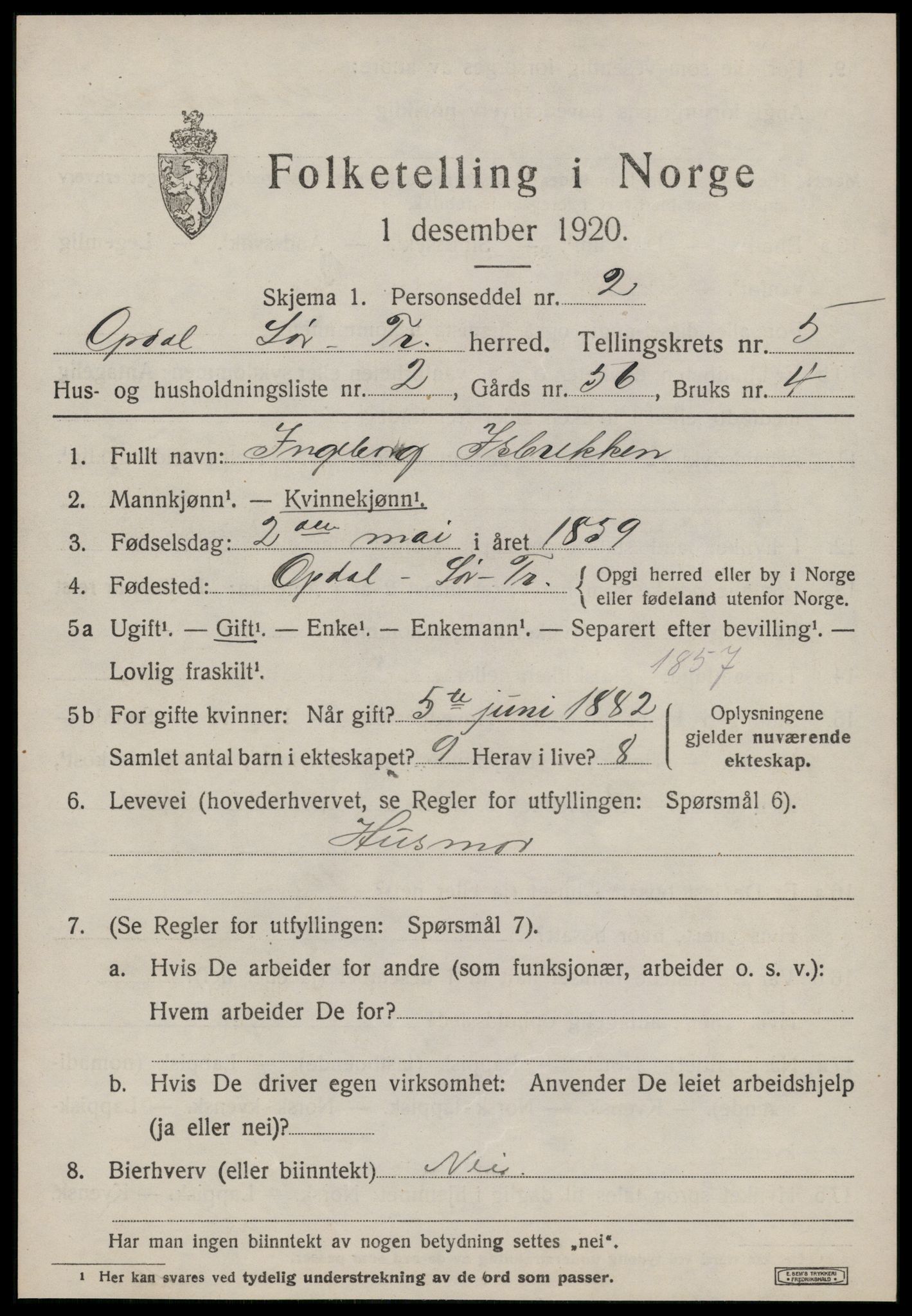 SAT, 1920 census for Oppdal, 1920, p. 4971