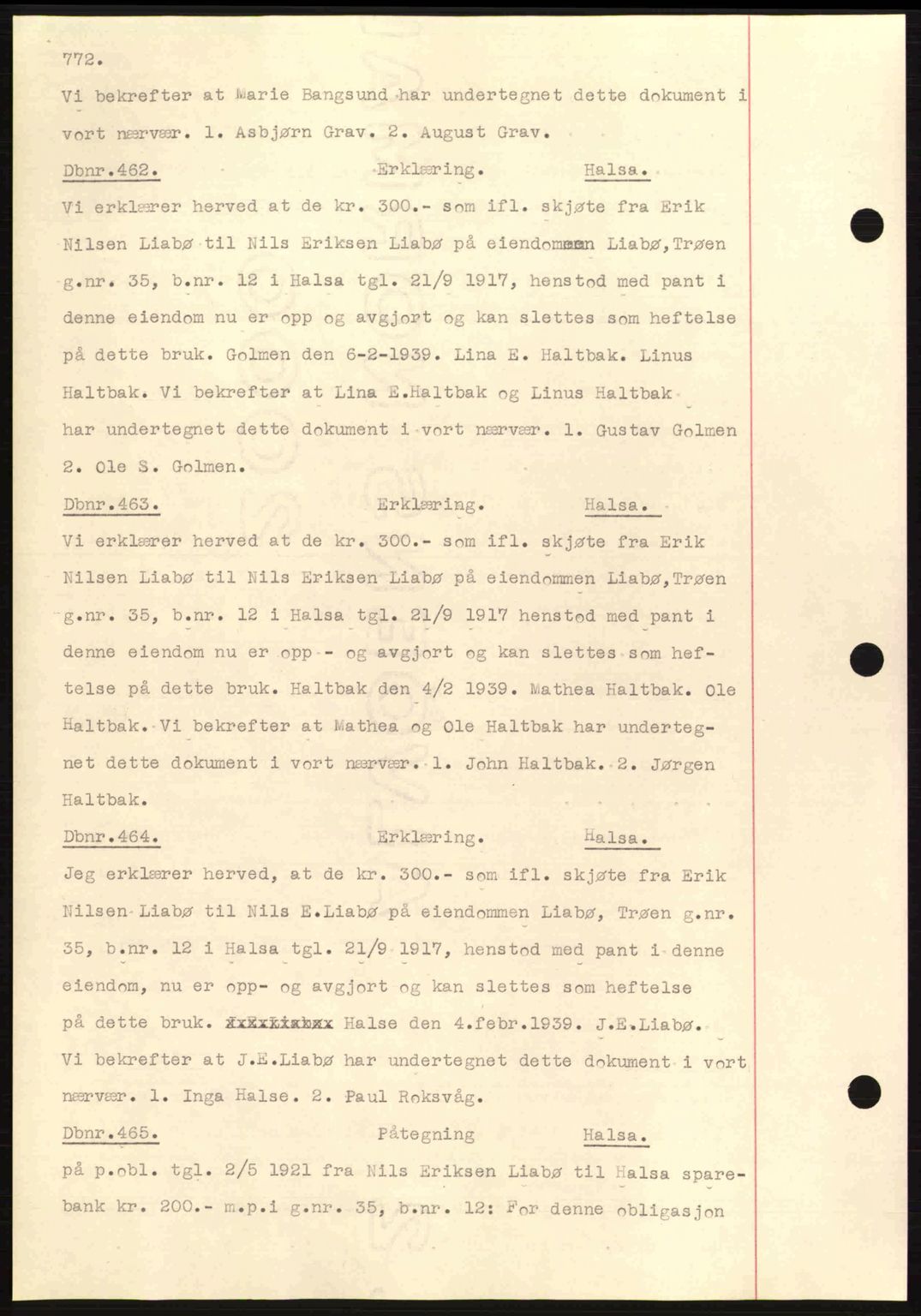 Nordmøre sorenskriveri, AV/SAT-A-4132/1/2/2Ca: Mortgage book no. C80, 1936-1939, Diary no: : 462/1939