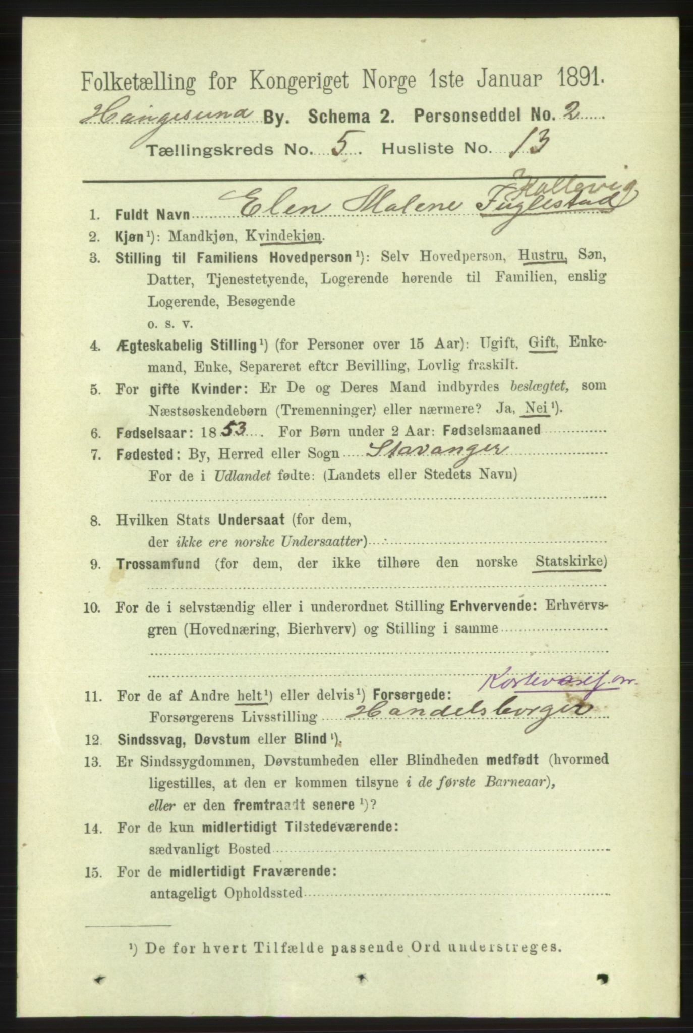 RA, 1891 census for 1106 Haugesund, 1891, p. 2251