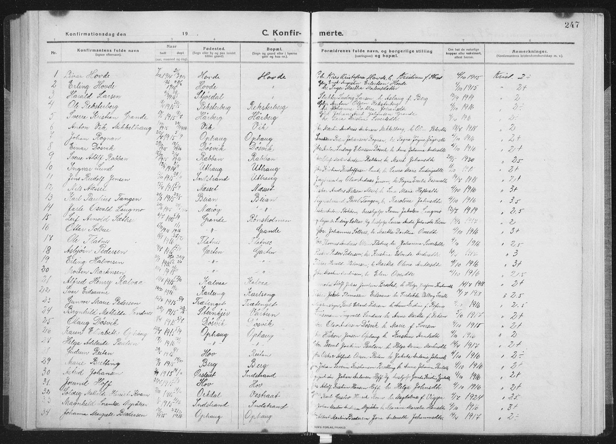 Ministerialprotokoller, klokkerbøker og fødselsregistre - Sør-Trøndelag, SAT/A-1456/659/L0747: Parish register (copy) no. 659C04, 1913-1938, p. 247