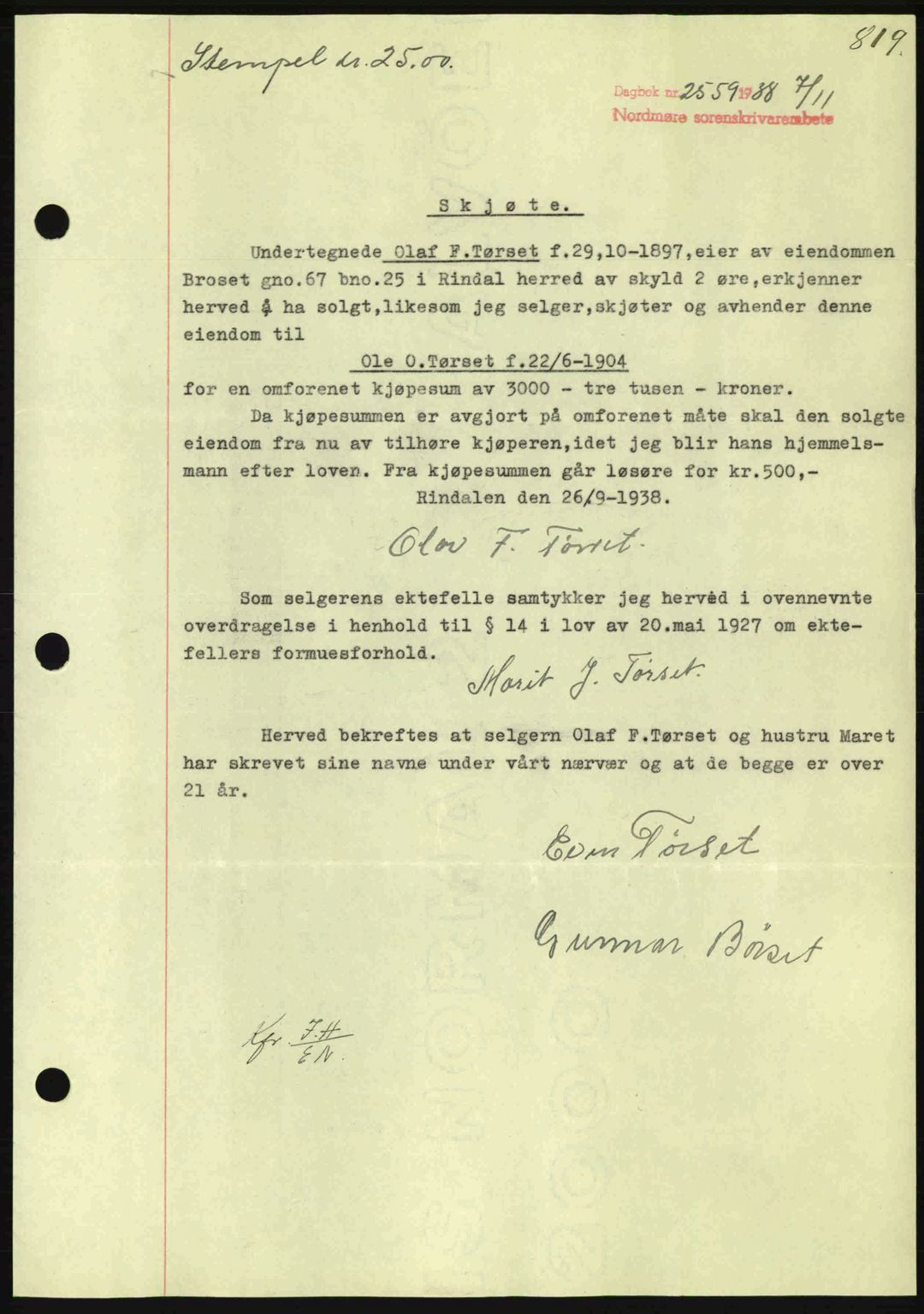 Nordmøre sorenskriveri, SAT/A-4132/1/2/2Ca: Mortgage book no. A84, 1938-1938, Diary no: : 2559/1938