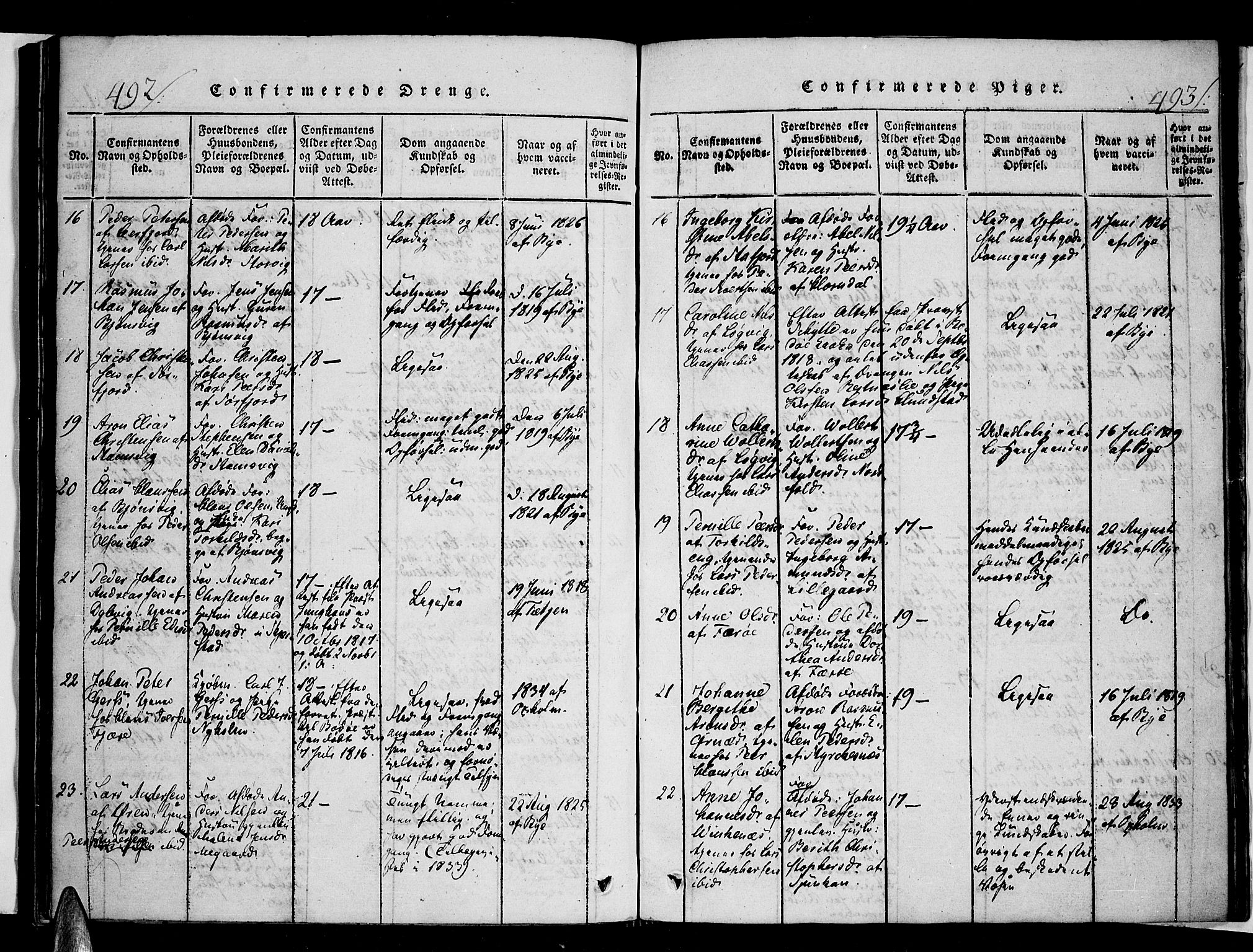 Ministerialprotokoller, klokkerbøker og fødselsregistre - Nordland, AV/SAT-A-1459/853/L0768: Parish register (official) no. 853A07, 1821-1836, p. 492-493