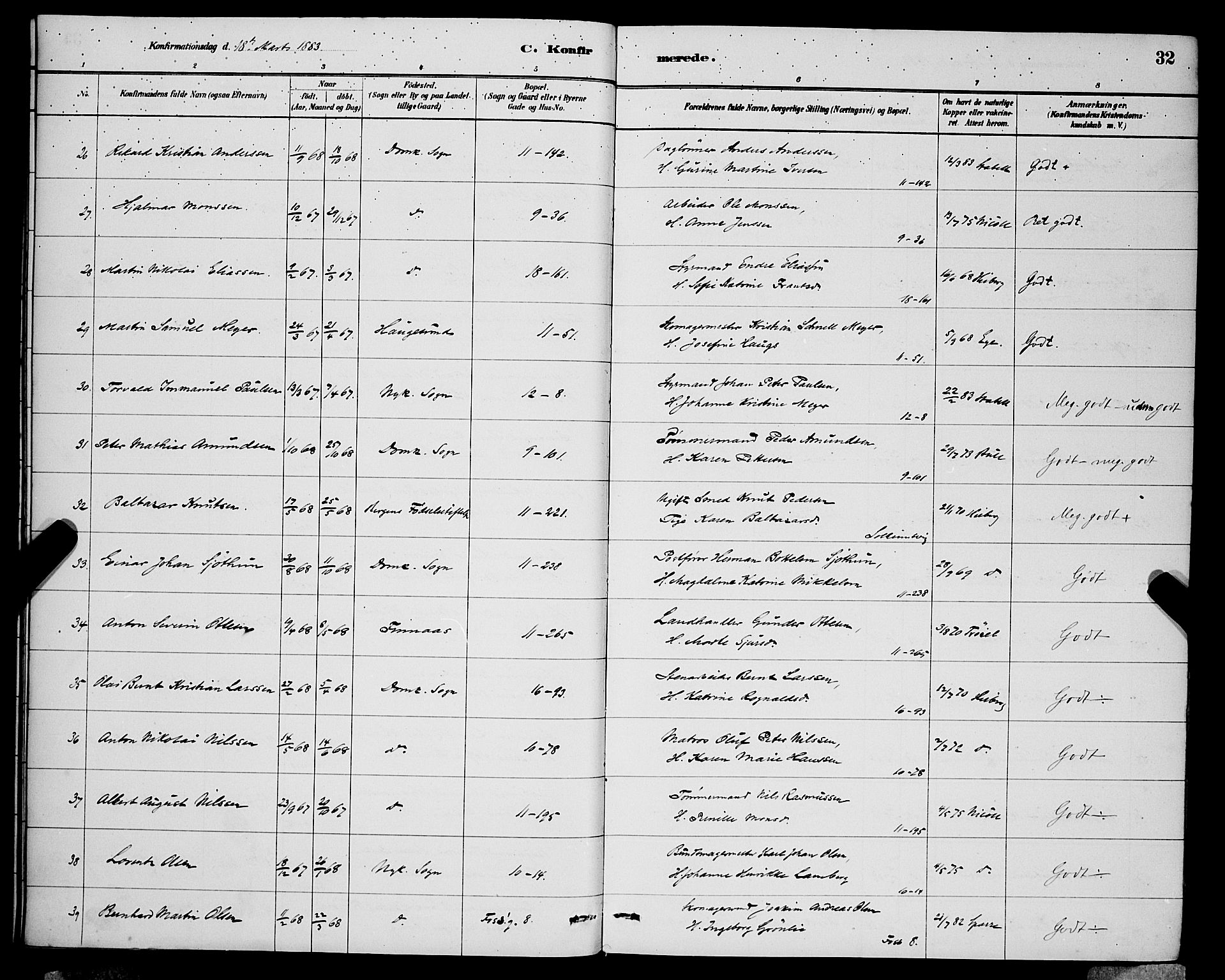 Domkirken sokneprestembete, SAB/A-74801/H/Hab/L0024: Parish register (copy) no. C 4, 1880-1899, p. 32