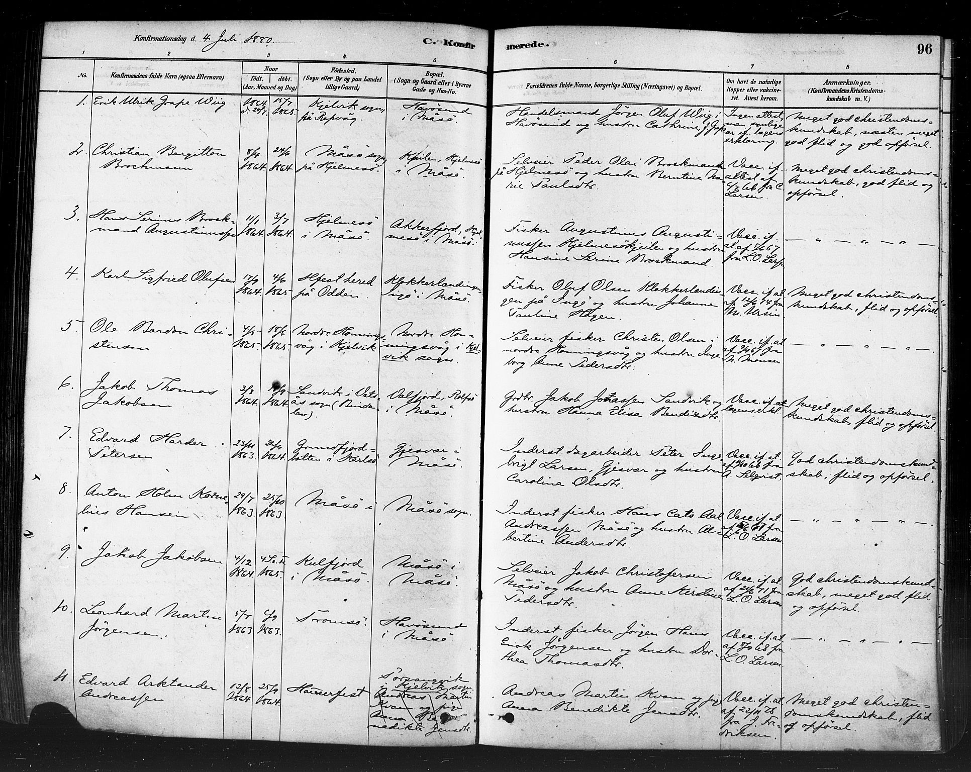 Måsøy sokneprestkontor, SATØ/S-1348/H/Ha/L0004kirke: Parish register (official) no. 4, 1878-1891, p. 96