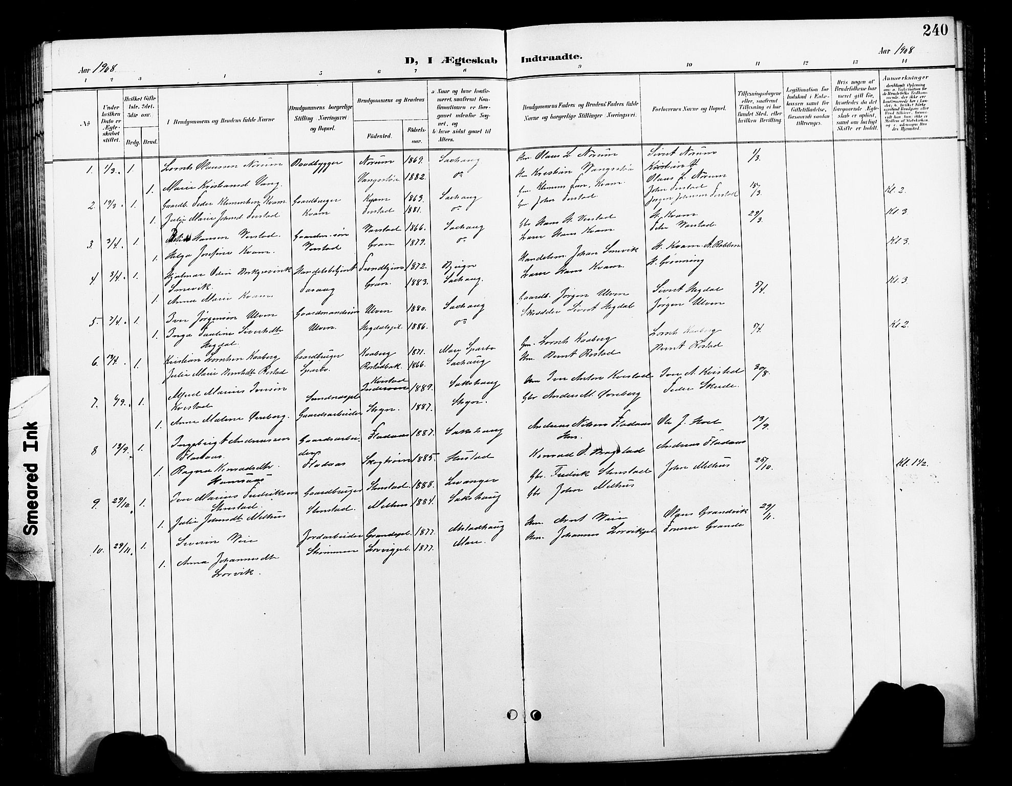 Ministerialprotokoller, klokkerbøker og fødselsregistre - Nord-Trøndelag, SAT/A-1458/730/L0302: Parish register (copy) no. 730C05, 1898-1924, p. 240
