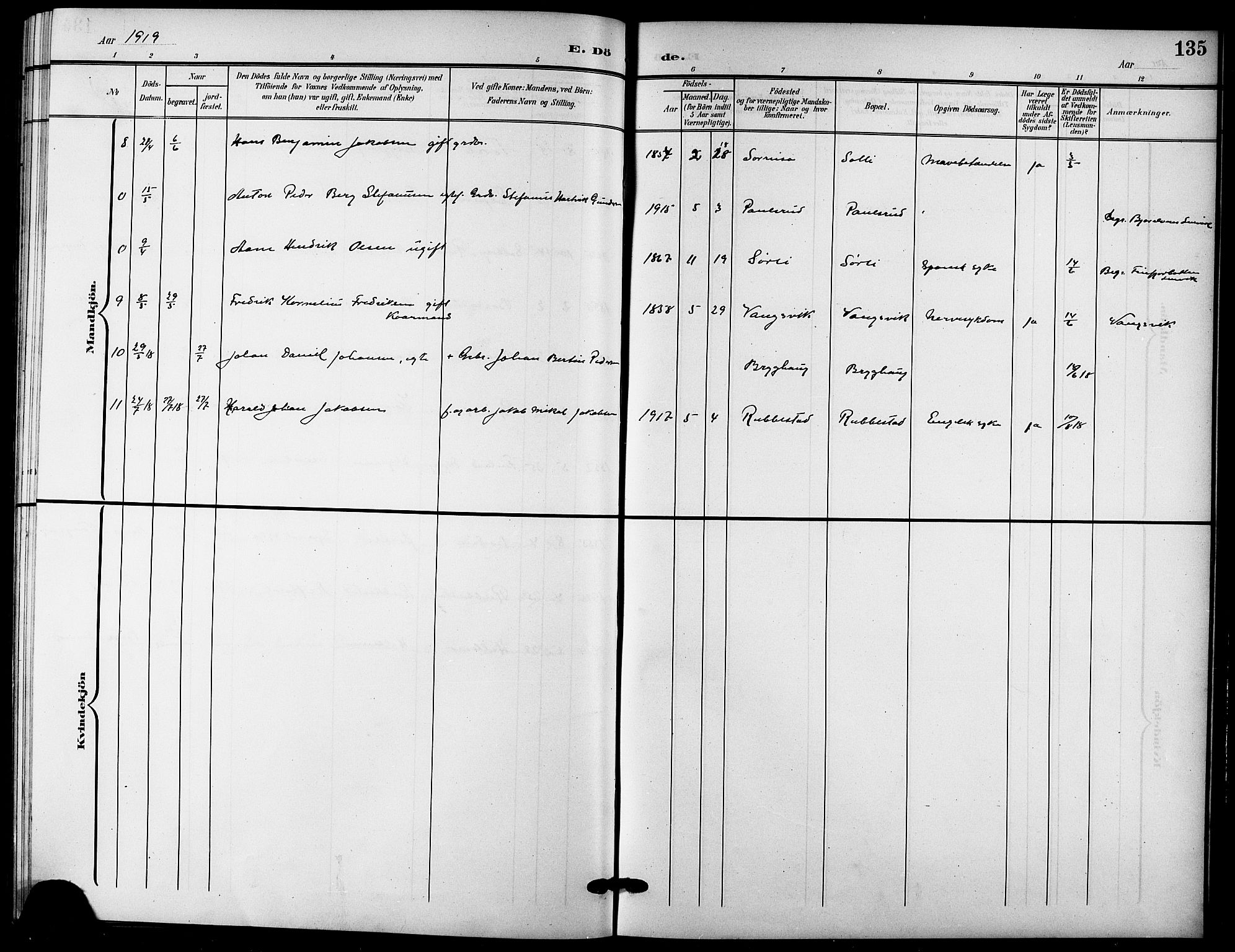 Tranøy sokneprestkontor, AV/SATØ-S-1313/I/Ia/Iab/L0005klokker: Parish register (copy) no. 5, 1902-1919, p. 135