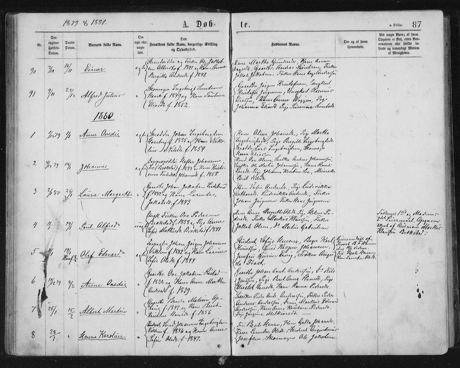 Ministerialprotokoller, klokkerbøker og fødselsregistre - Sør-Trøndelag, SAT/A-1456/659/L0745: Parish register (copy) no. 659C02, 1869-1892, p. 87