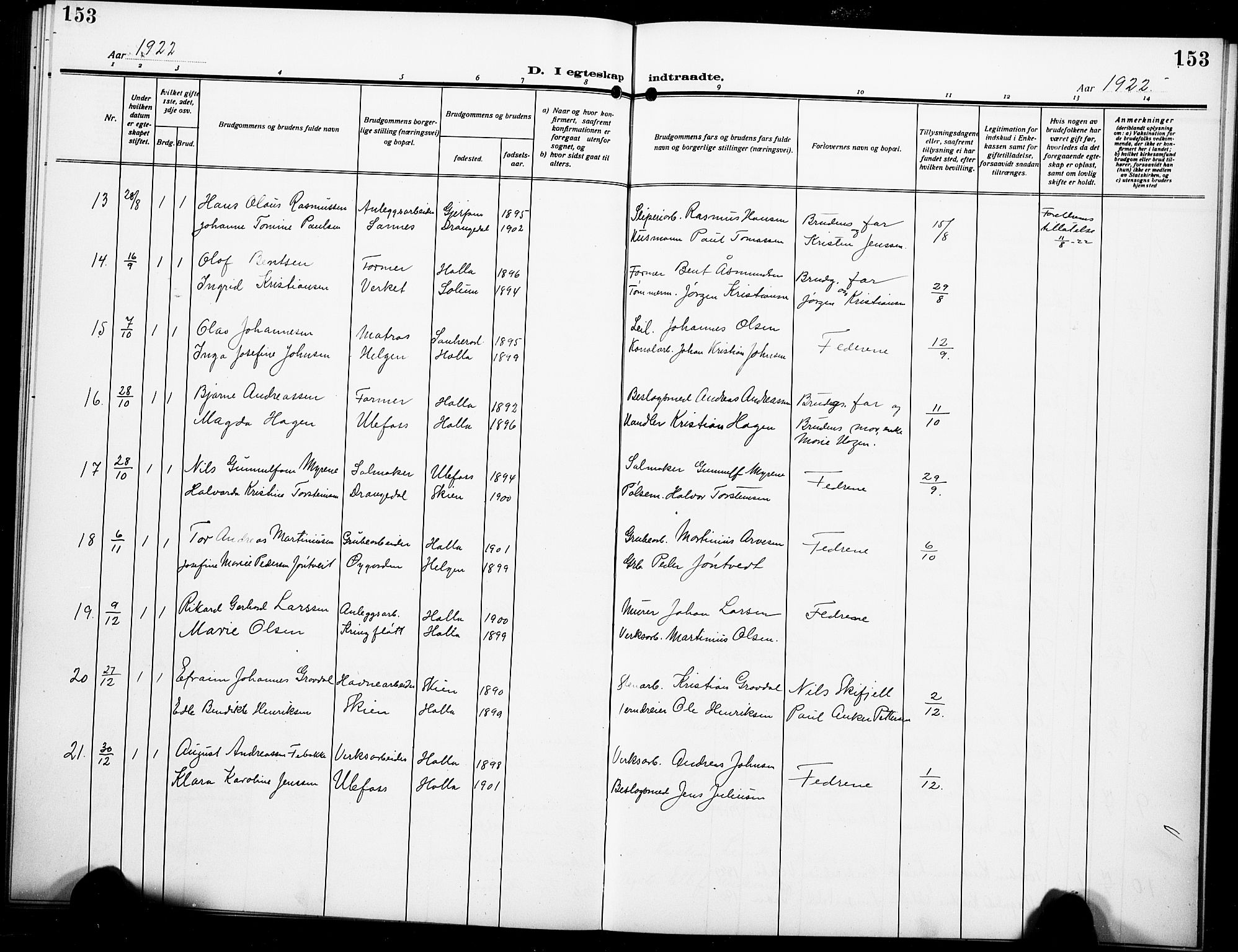 Holla kirkebøker, SAKO/A-272/G/Ga/L0006: Parish register (copy) no. I 6, 1917-1928, p. 153