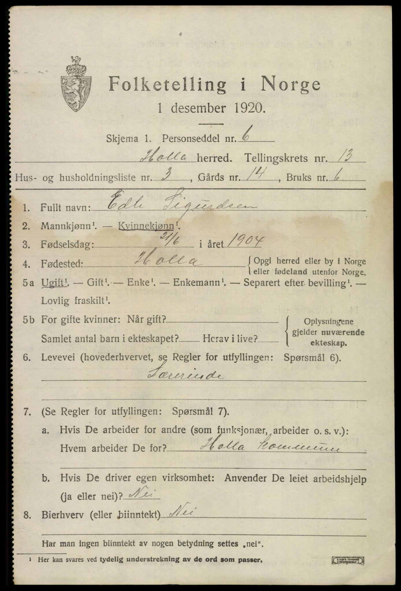 SAKO, 1920 census for Holla, 1920, p. 7961