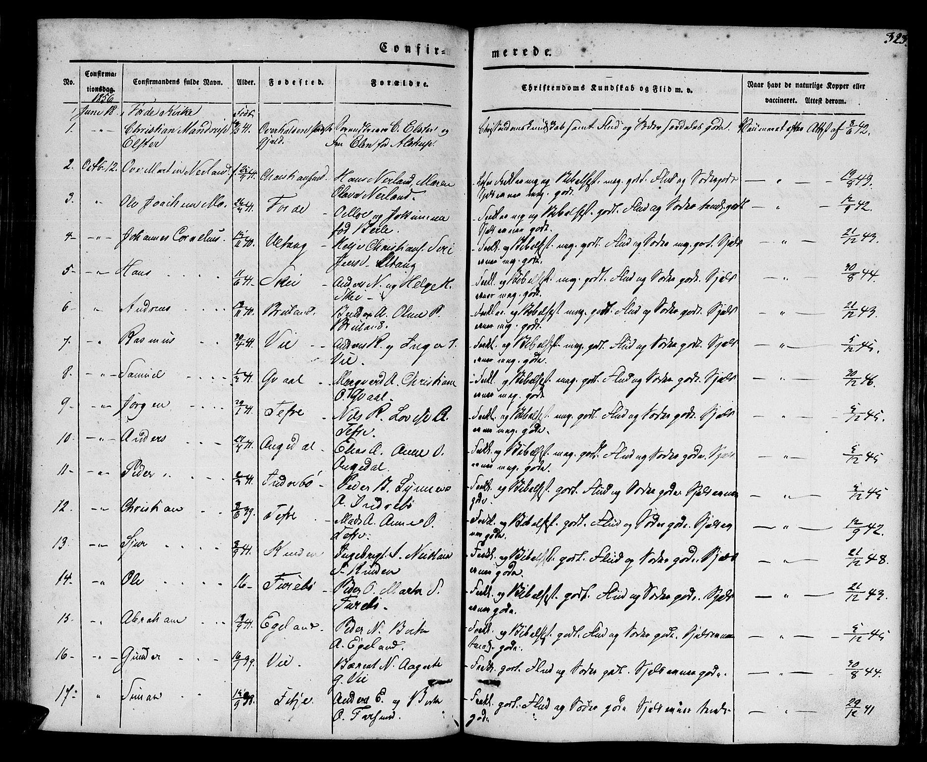 Førde sokneprestembete, AV/SAB-A-79901/H/Haa/Haaa/L0007: Parish register (official) no. A 7, 1843-1860, p. 323