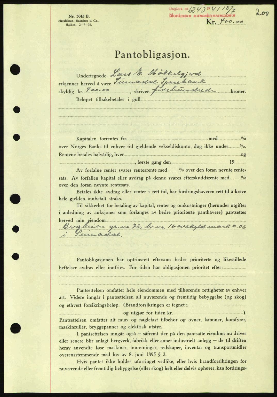 Nordmøre sorenskriveri, AV/SAT-A-4132/1/2/2Ca: Mortgage book no. B88, 1941-1942, Diary no: : 1243/1941