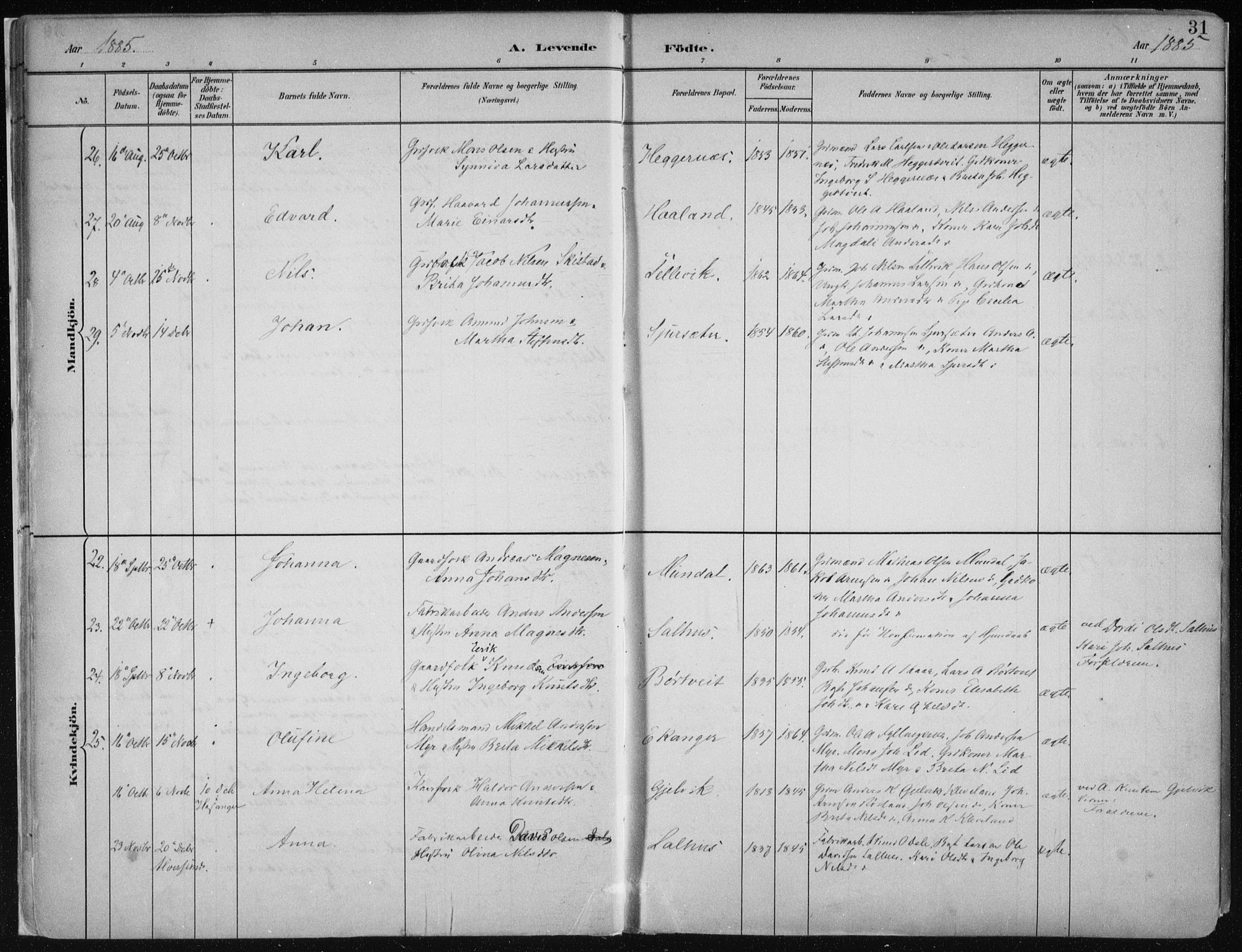 Hamre sokneprestembete, AV/SAB-A-75501/H/Ha/Haa/Haab/L0001: Parish register (official) no. B  1, 1882-1905, p. 31