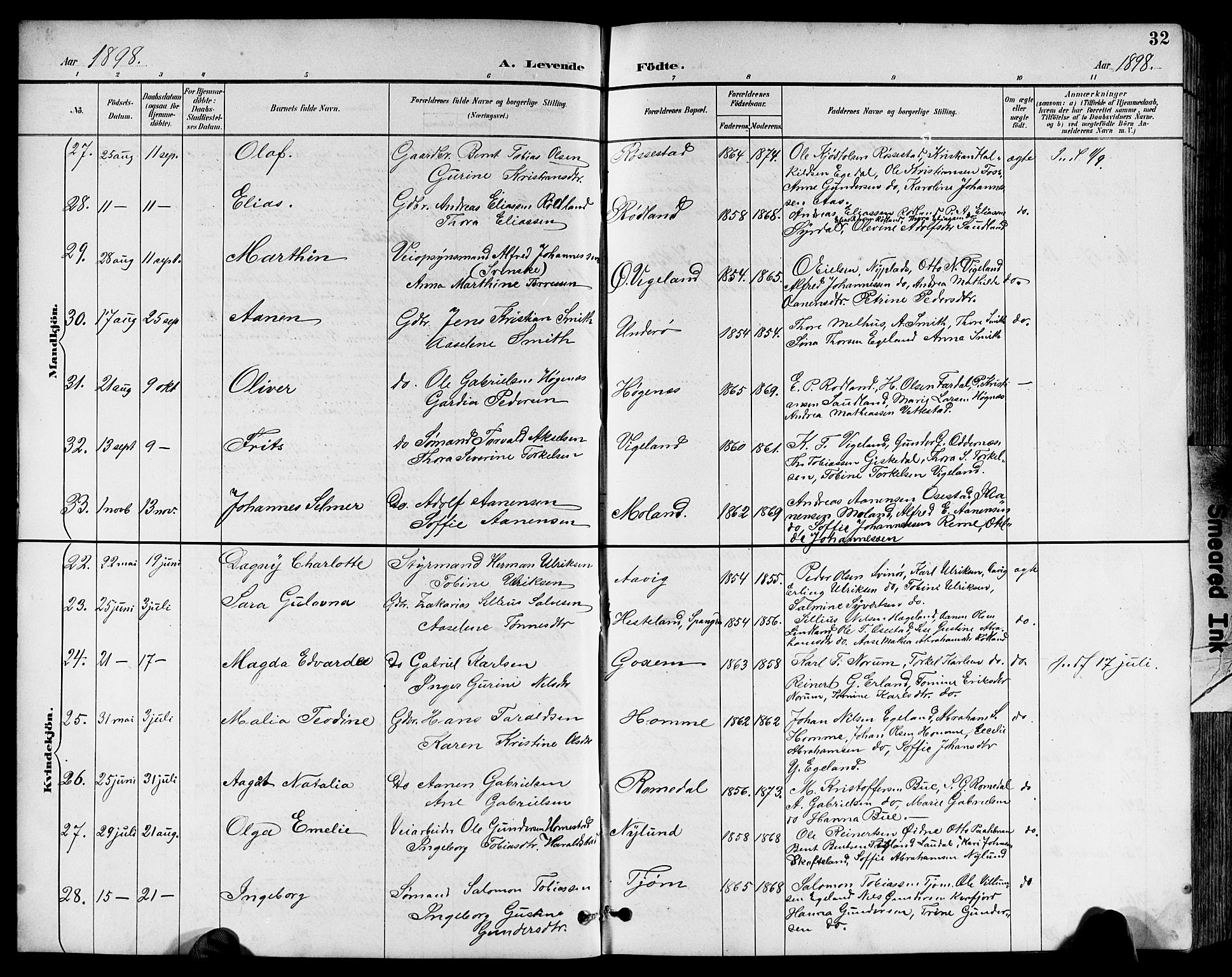 Sør-Audnedal sokneprestkontor, AV/SAK-1111-0039/F/Fb/Fbb/L0006: Parish register (copy) no. B 6, 1893-1915, p. 32