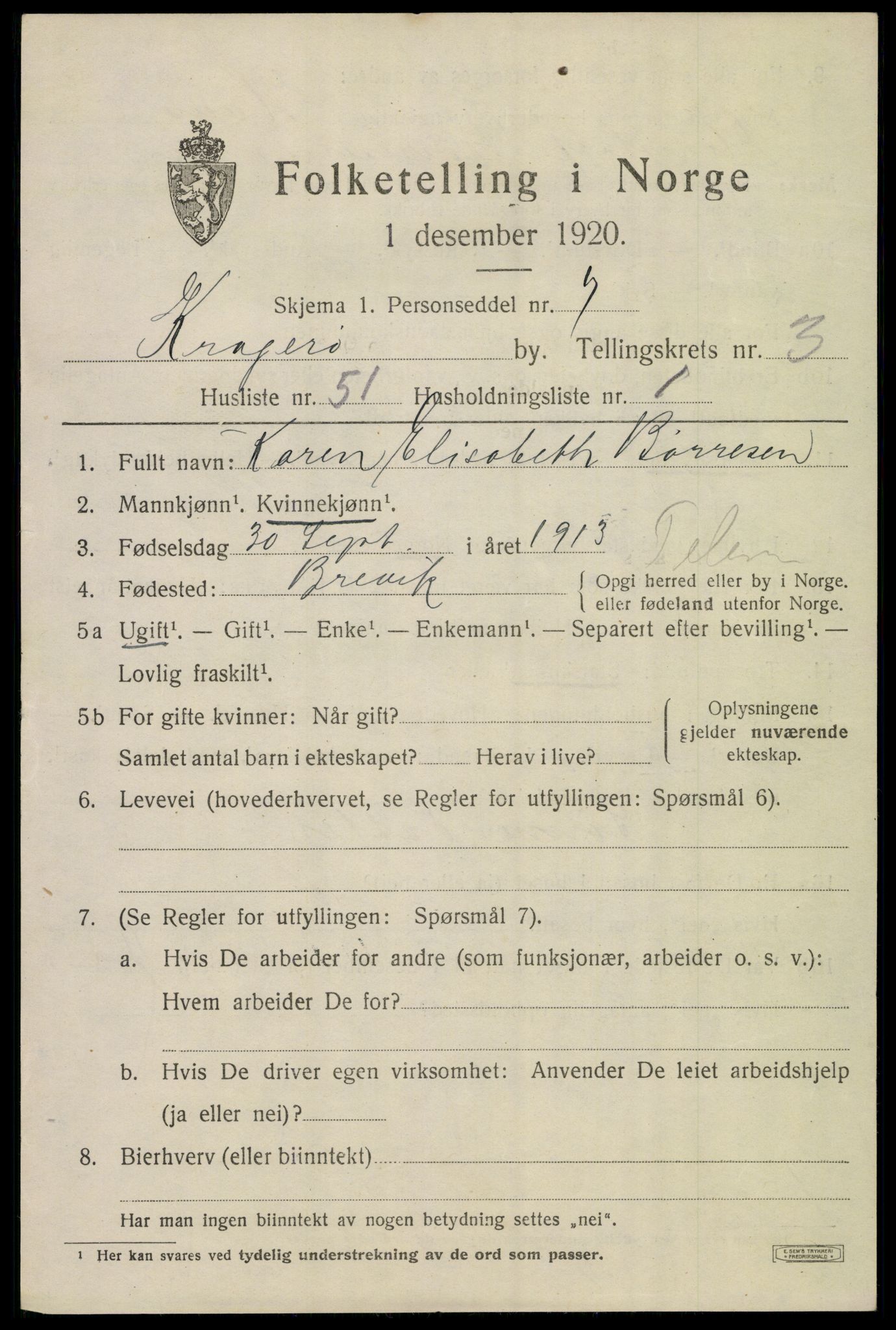 SAKO, 1920 census for Kragerø, 1920, p. 7651