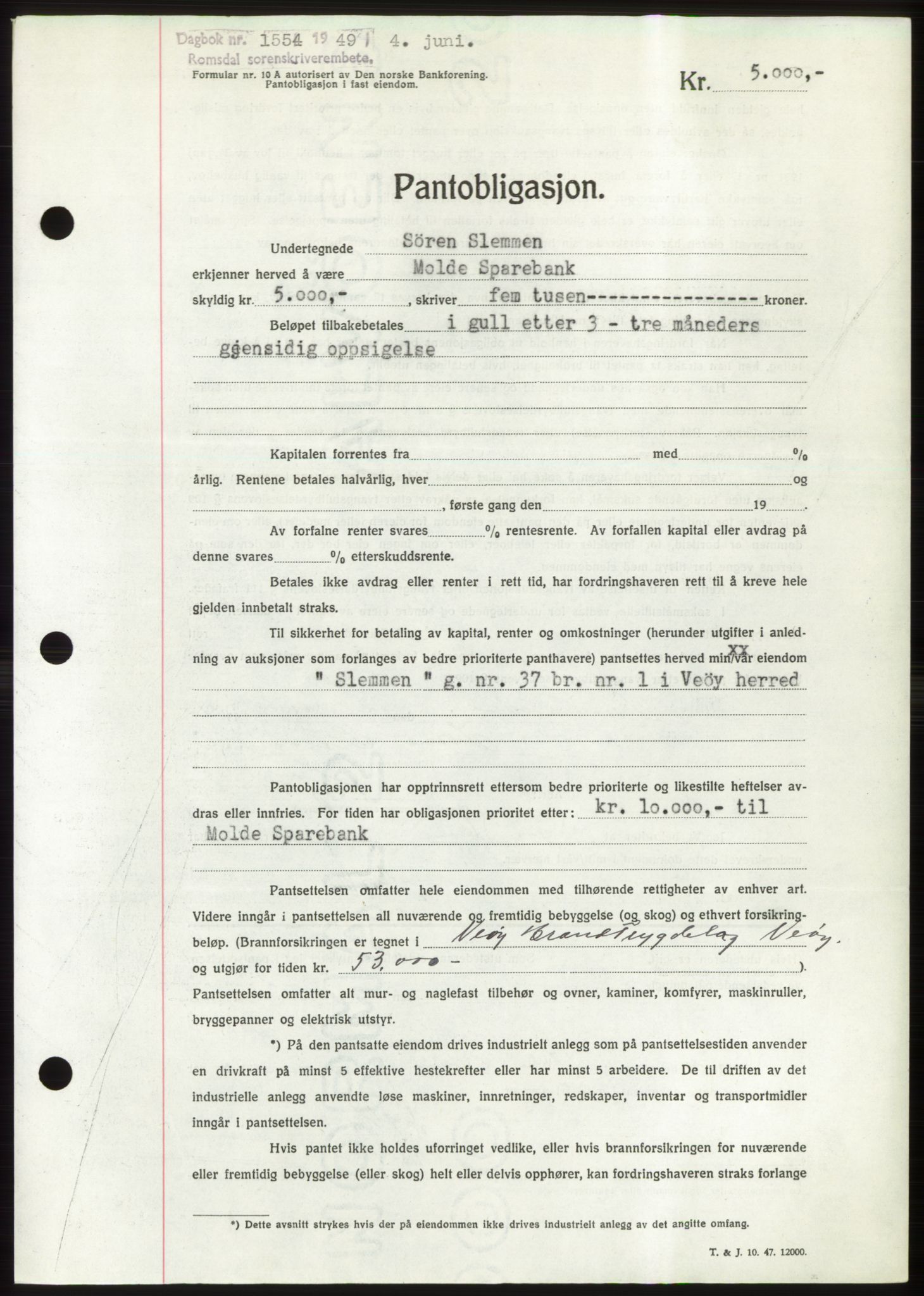 Romsdal sorenskriveri, AV/SAT-A-4149/1/2/2C: Mortgage book no. B4, 1948-1949, Diary no: : 1554/1949