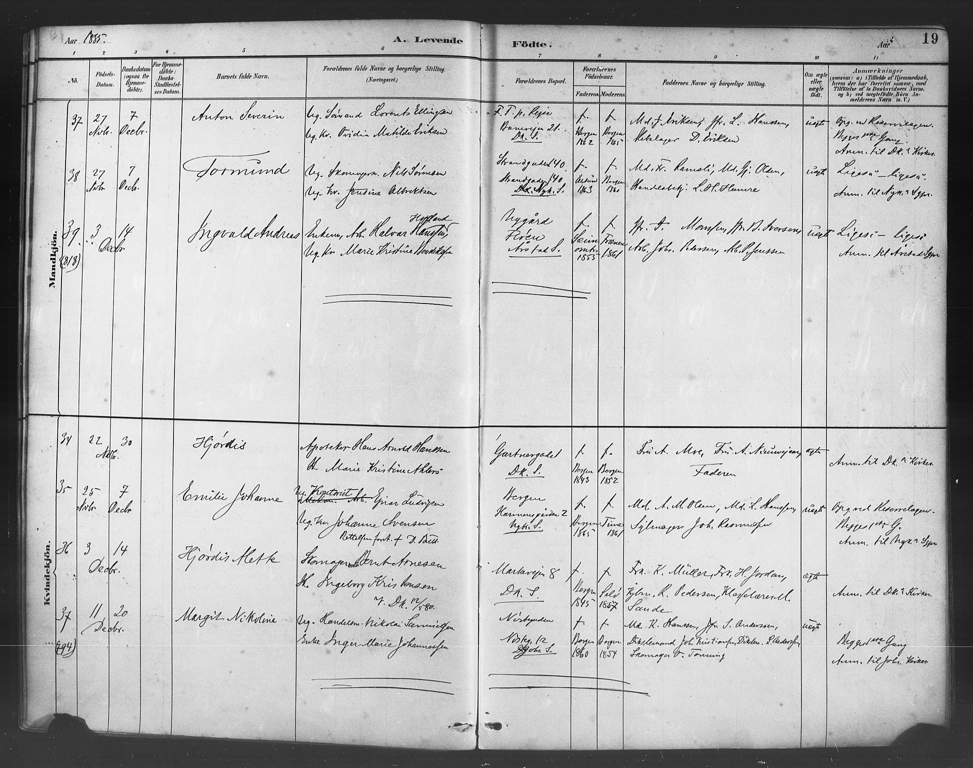 Fødselsstiftelsens sokneprestembete*, SAB/-: Parish register (official) no. A 2, 1884-1900, p. 19
