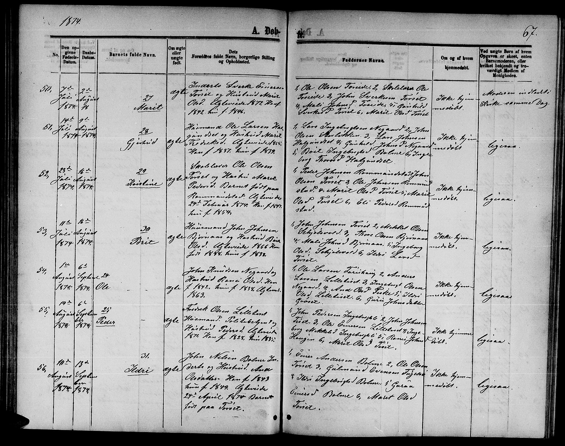 Ministerialprotokoller, klokkerbøker og fødselsregistre - Møre og Romsdal, AV/SAT-A-1454/598/L1076: Parish register (copy) no. 598C01, 1867-1878, p. 67