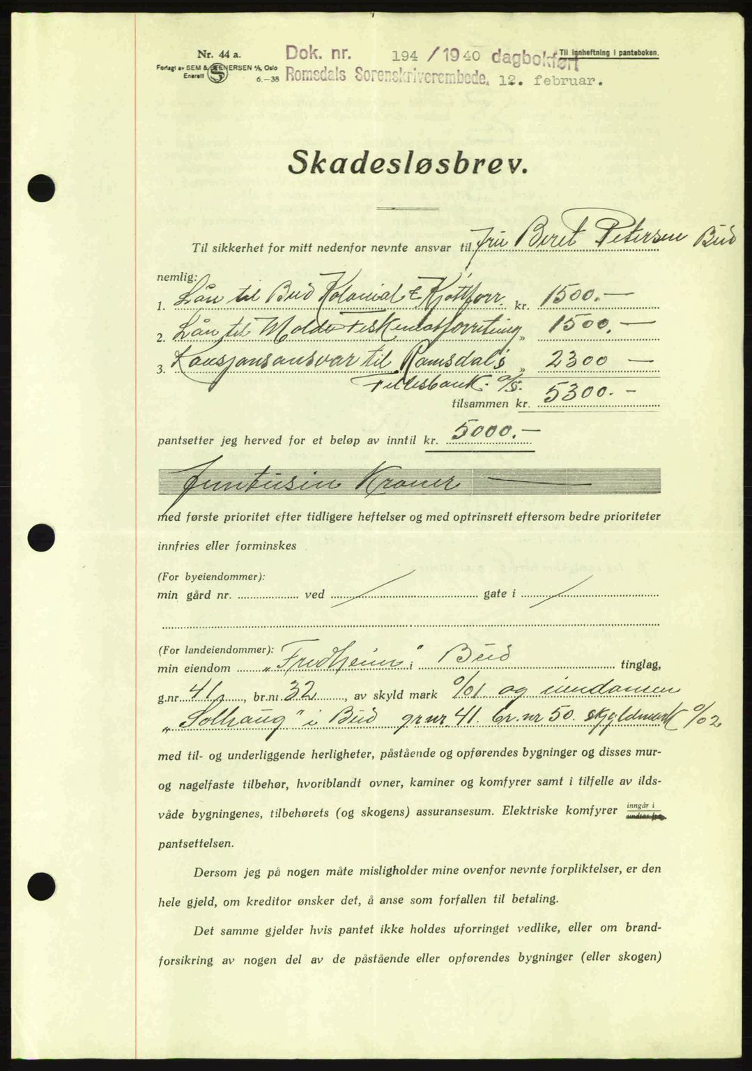 Romsdal sorenskriveri, AV/SAT-A-4149/1/2/2C: Mortgage book no. B2, 1939-1945, Diary no: : 194/1940