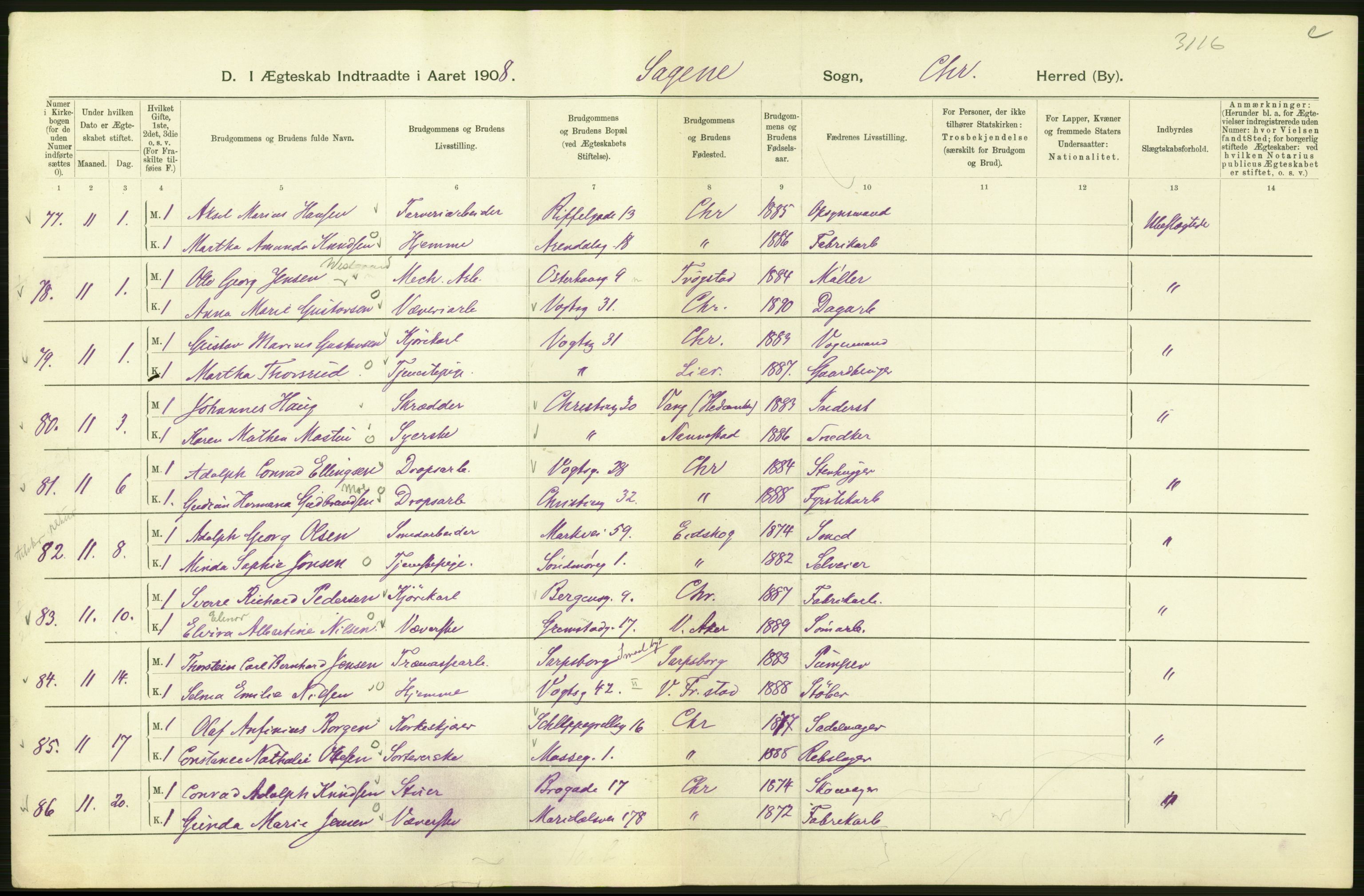 Statistisk sentralbyrå, Sosiodemografiske emner, Befolkning, AV/RA-S-2228/D/Df/Dfa/Dfaf/L0007: Kristiania: Gifte, 1908, p. 212