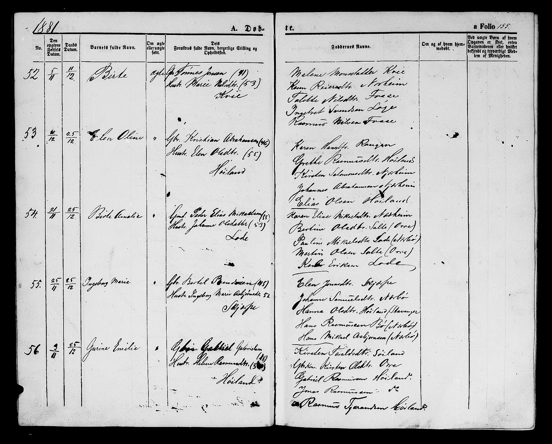 Hå sokneprestkontor, AV/SAST-A-101801/001/30BB/L0001: Parish register (copy) no. B 1, 1854-1883, p. 155