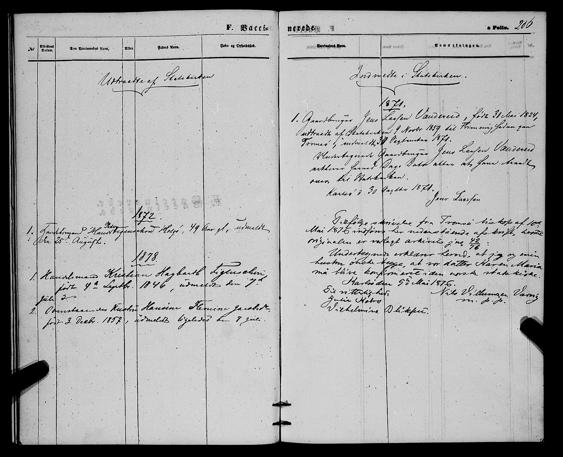 Karlsøy sokneprestembete, SATØ/S-1299/H/Ha/Haa/L0010kirke: Parish register (official) no. 10, 1867-1878, p. 206