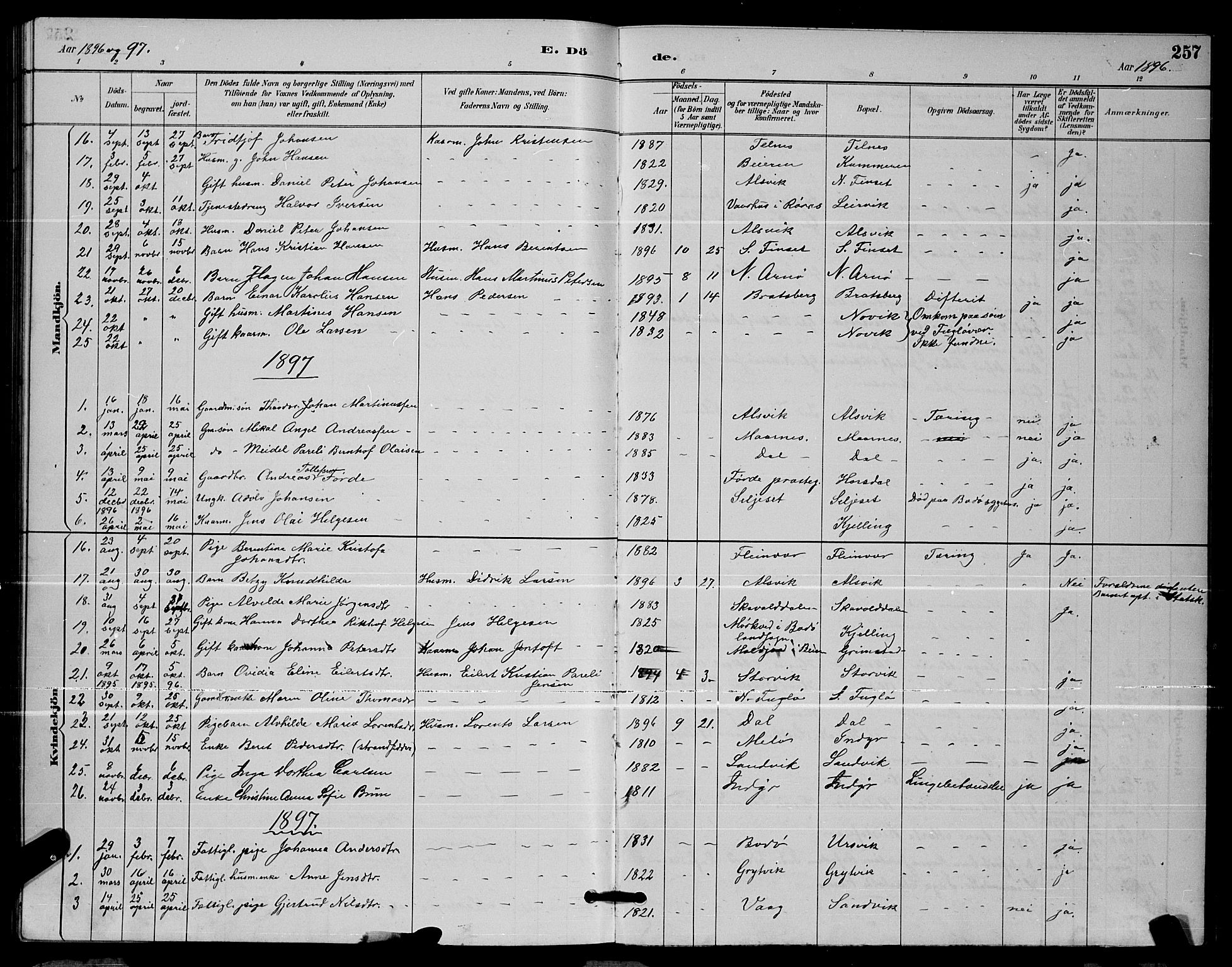 Ministerialprotokoller, klokkerbøker og fødselsregistre - Nordland, AV/SAT-A-1459/805/L0108: Parish register (copy) no. 805C04, 1885-1899, p. 257