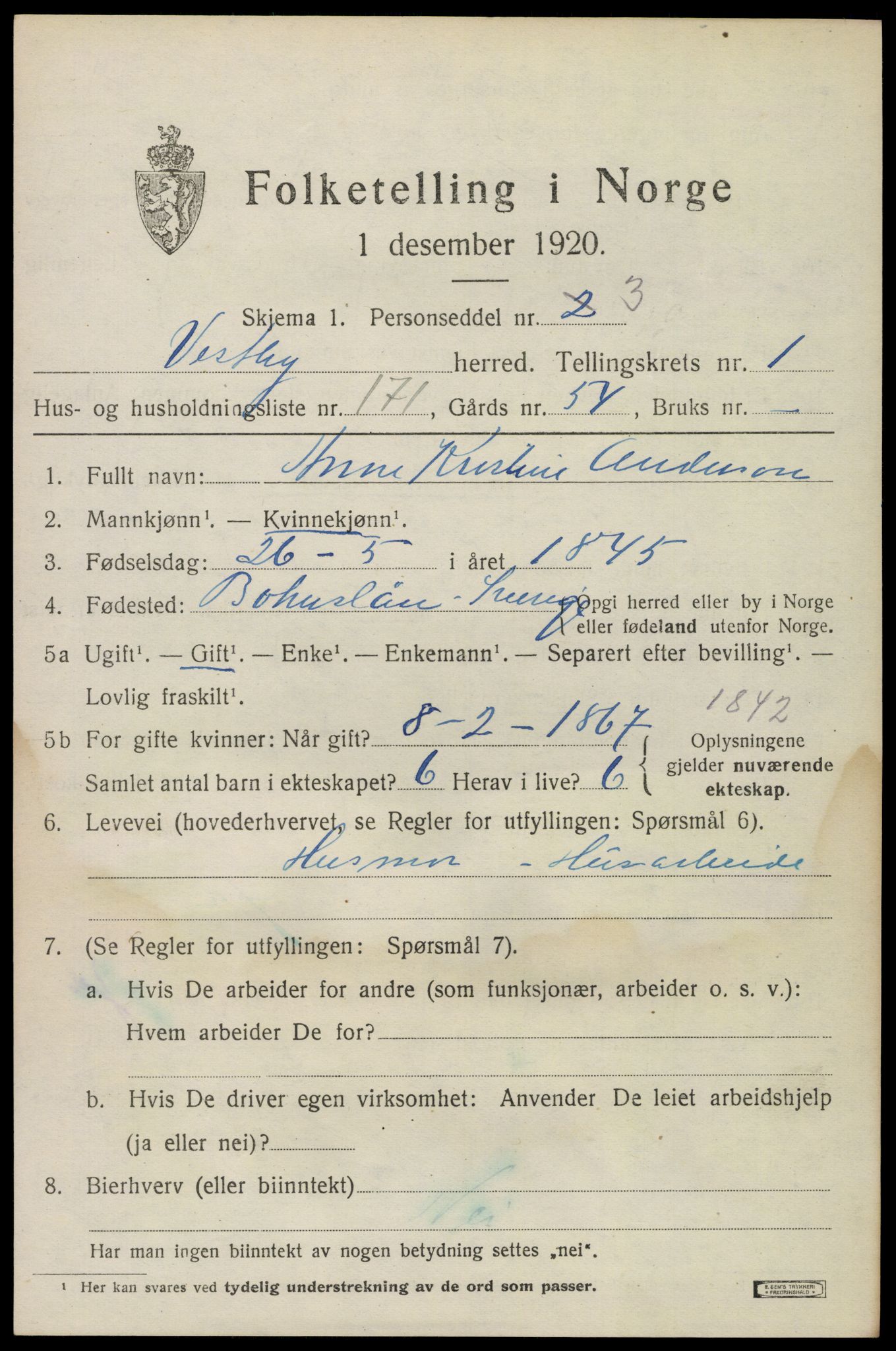 SAO, 1920 census for Vestby, 1920, p. 3333