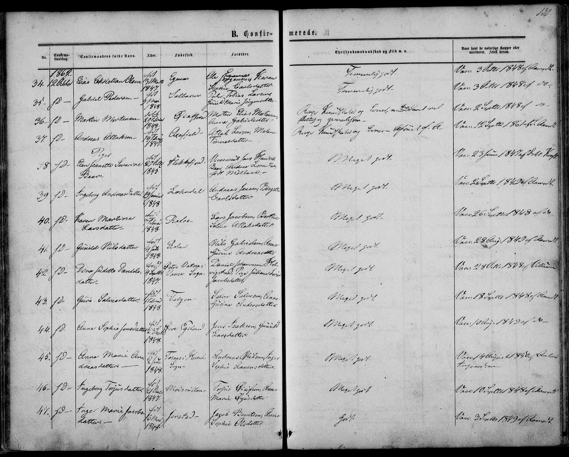 Kvinesdal sokneprestkontor, AV/SAK-1111-0026/F/Fa/Fab/L0006: Parish register (official) no. A 6, 1857-1869, p. 130