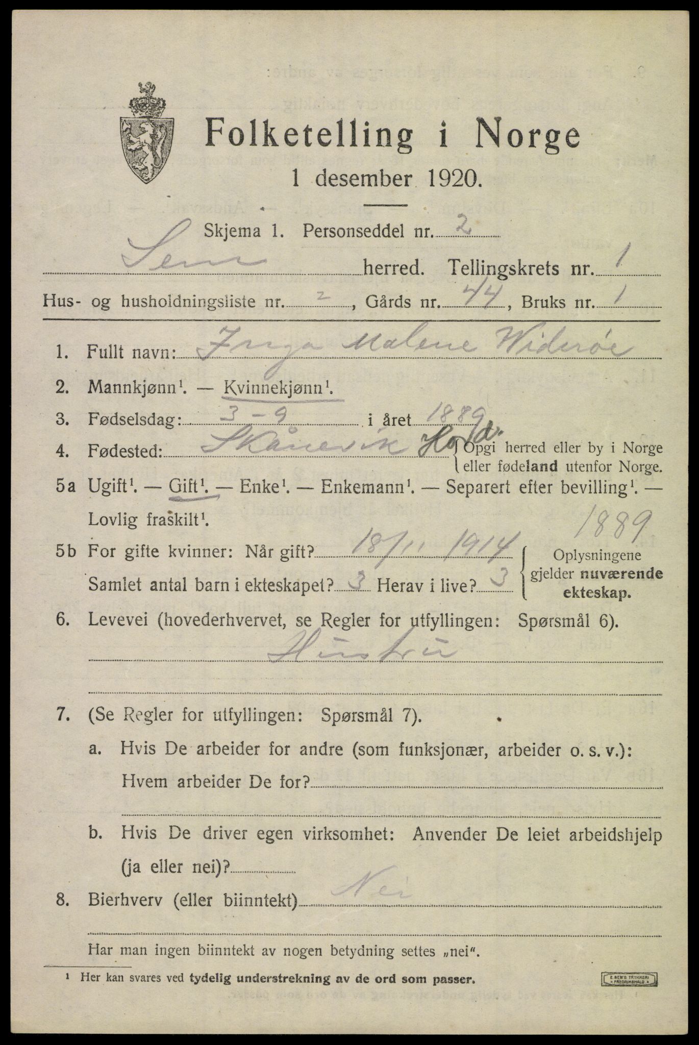 SAKO, 1920 census for Sem, 1920, p. 2789