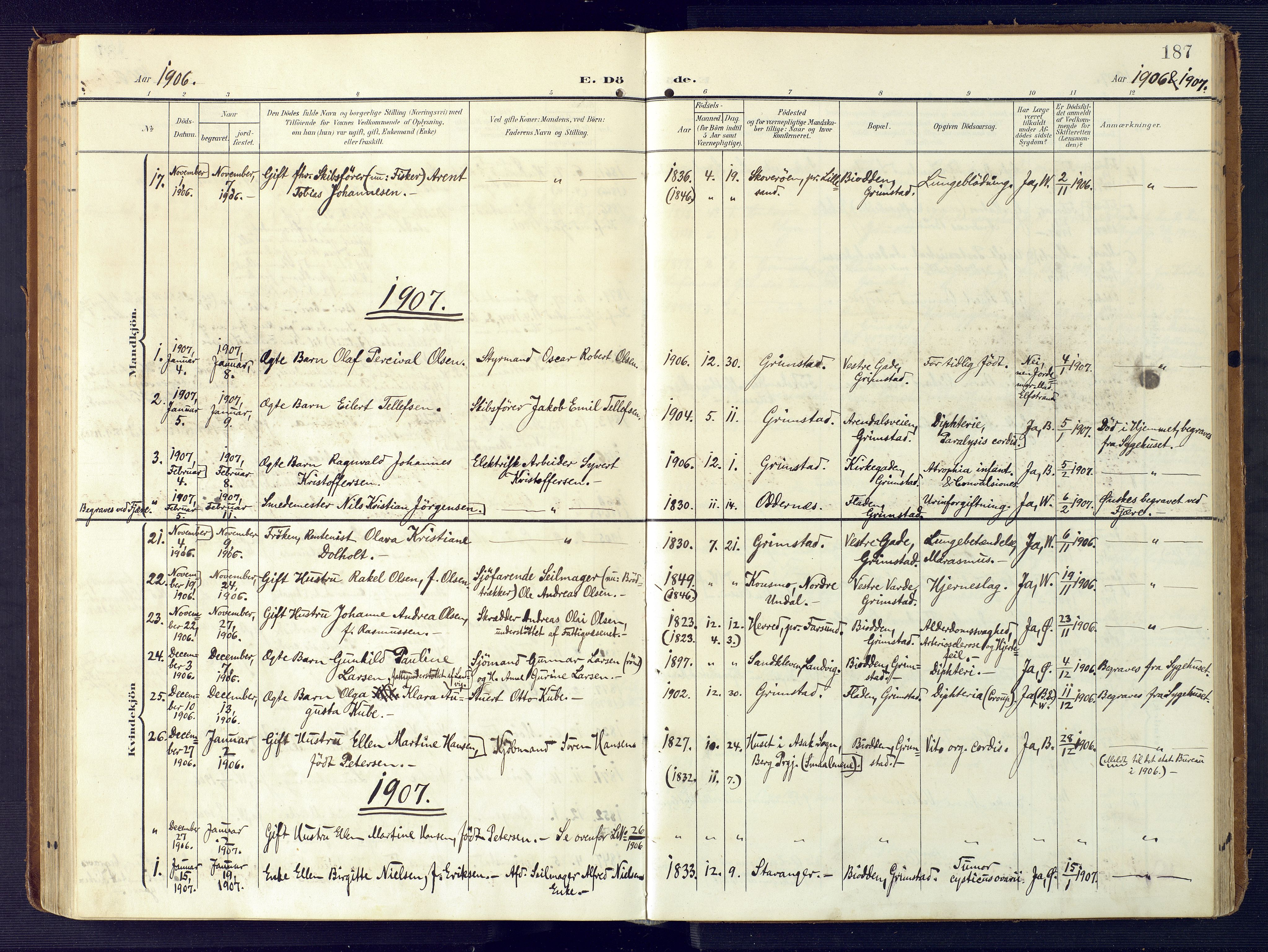 Grimstad sokneprestkontor, SAK/1111-0017/F/Fa/L0005: Parish register (official) no. A 4, 1911-1924, p. 187